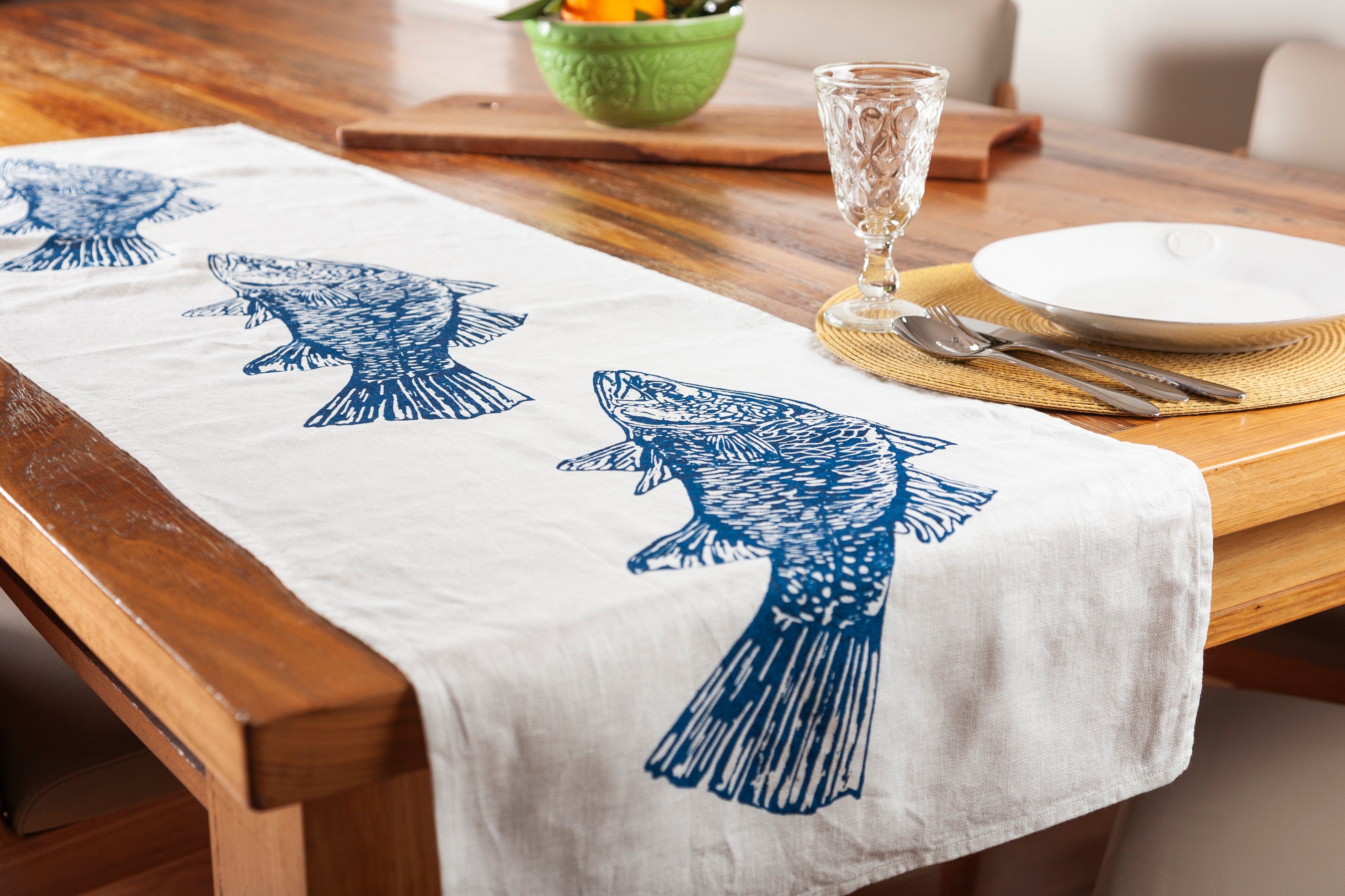Hand Screen Printed Linen Table Runners-Australian Barramundi