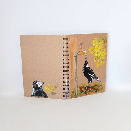 Magpie handpainted Notebook with wattle
