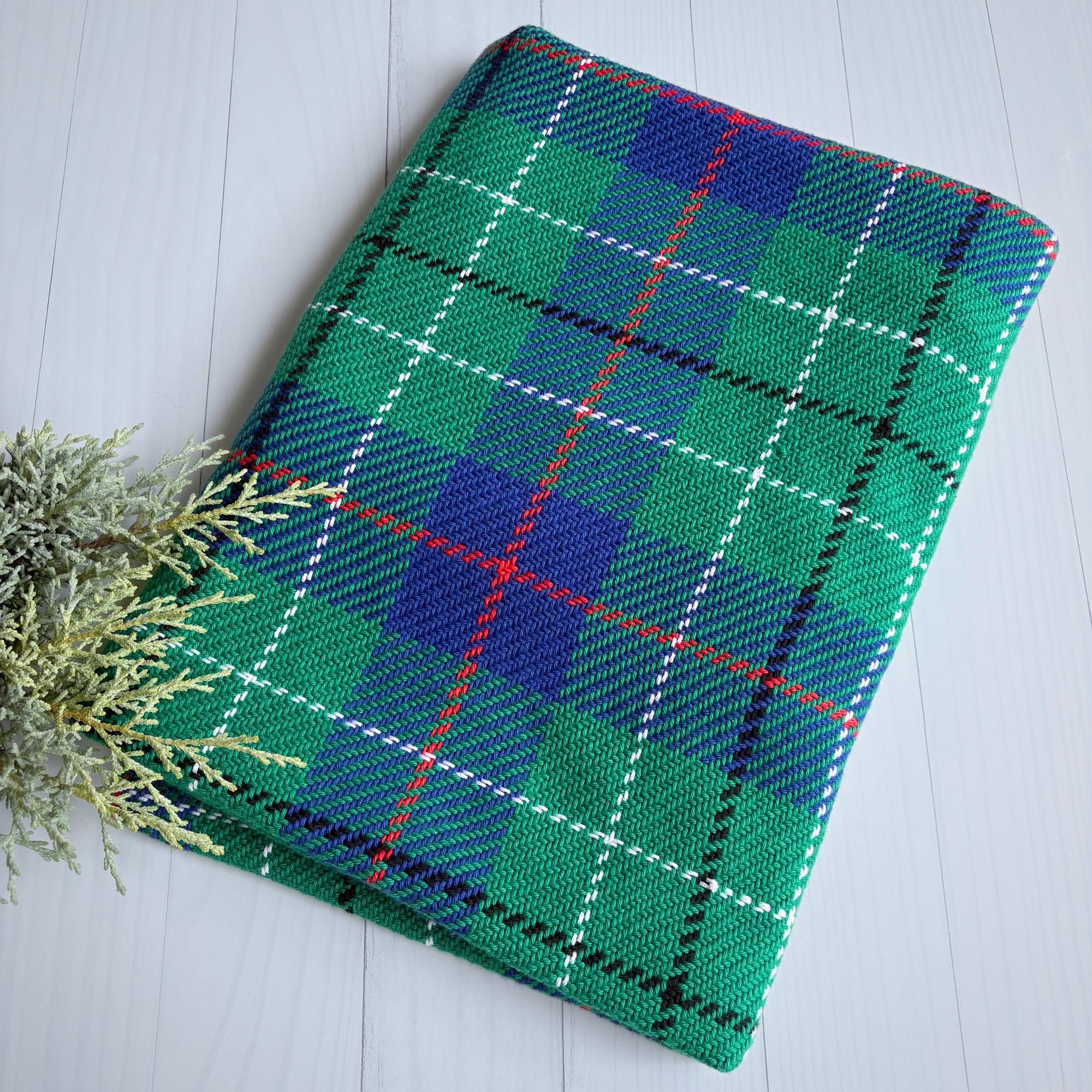 Baby Blanket - Handwoven - Easy care cotton - Green/blue tartan