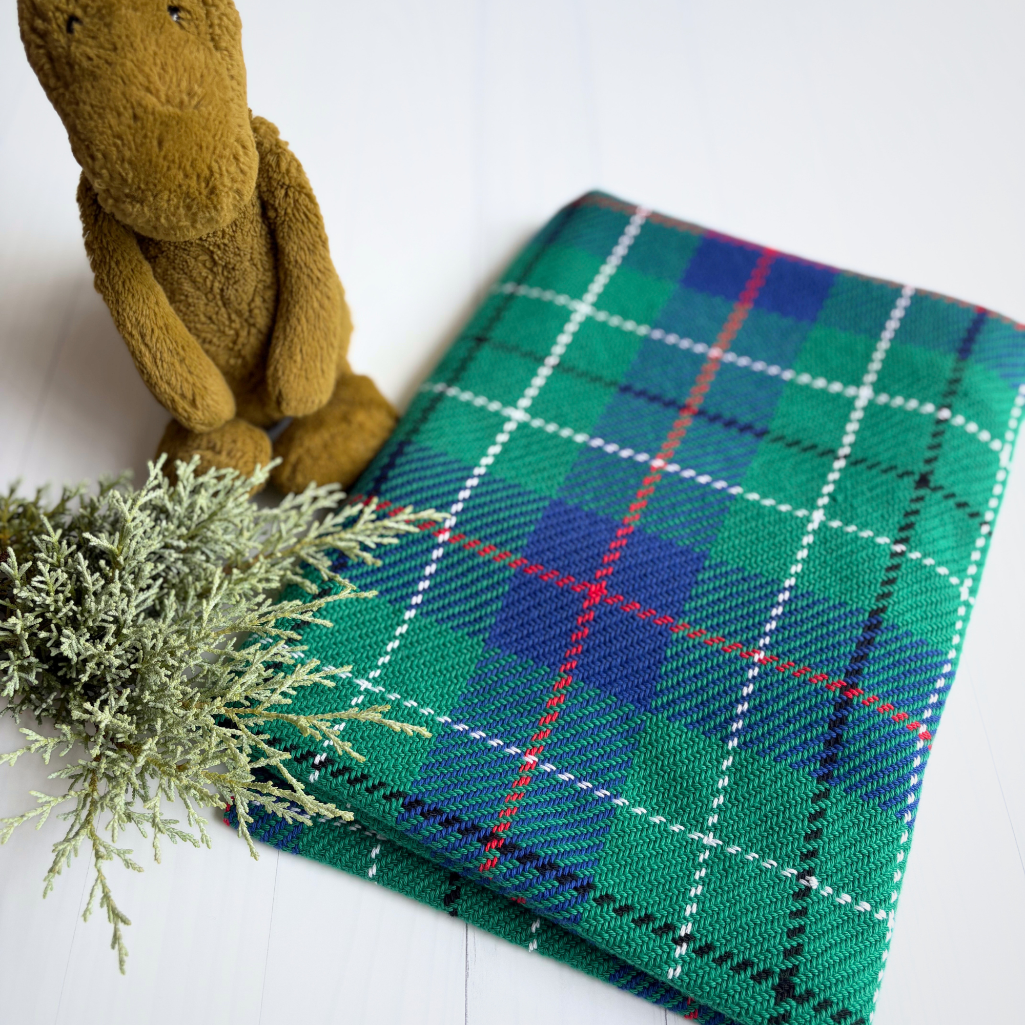 Baby Blanket - Handwoven - Easy care cotton - Green/blue tartan
