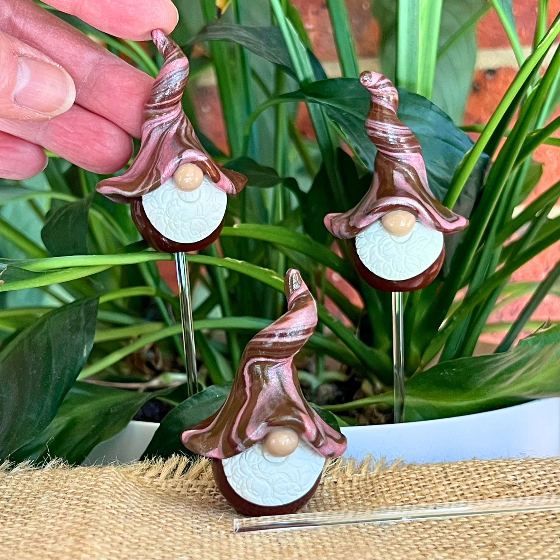 Whimsical polymer clay gnome trio - Wobbin, Snuffle & Stig