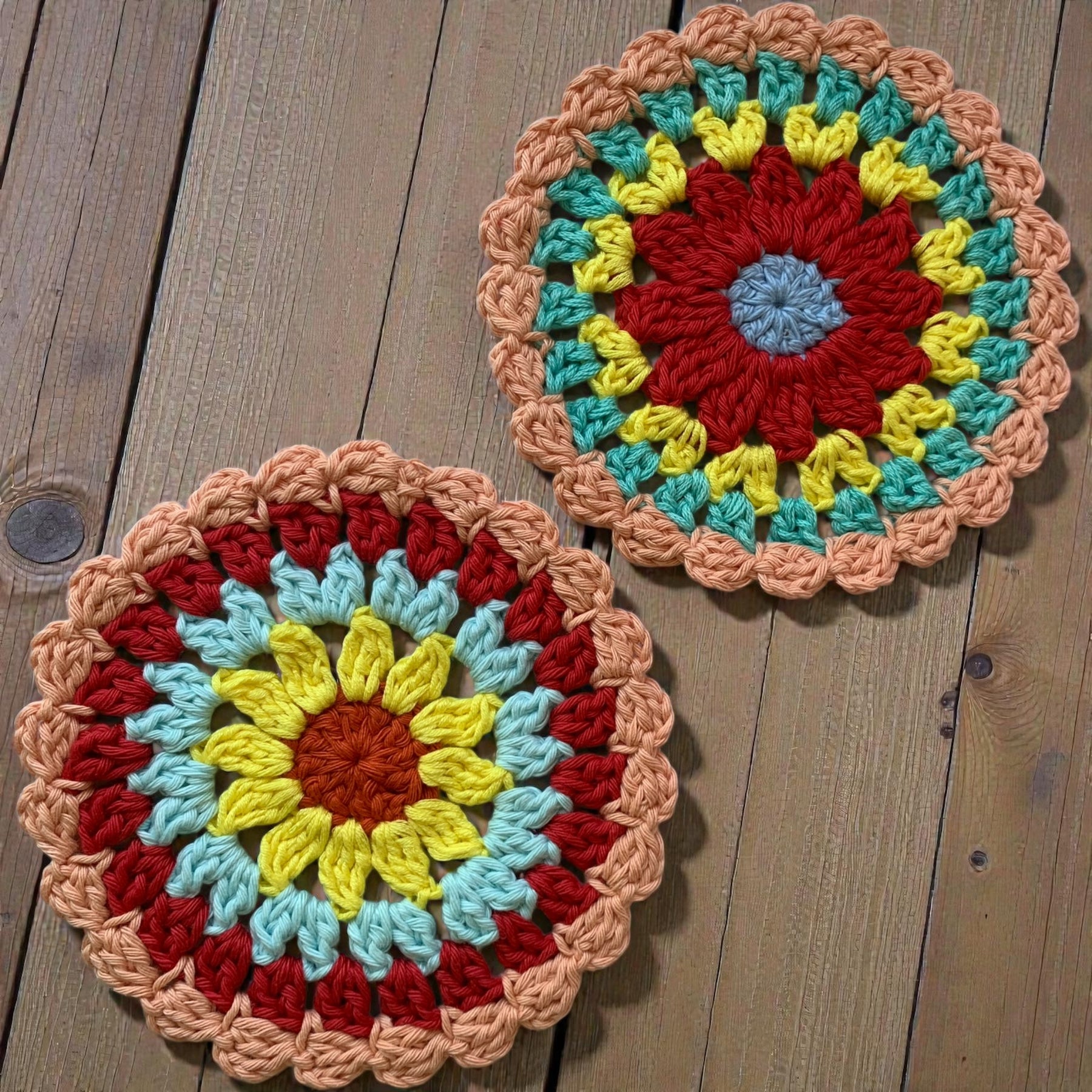 Mandala Crochet Coasters – Bright Boho Table Decor – Handmade Cotton Drink Coaster Set – Colourful Home Gift Idea - set of 4 or 6