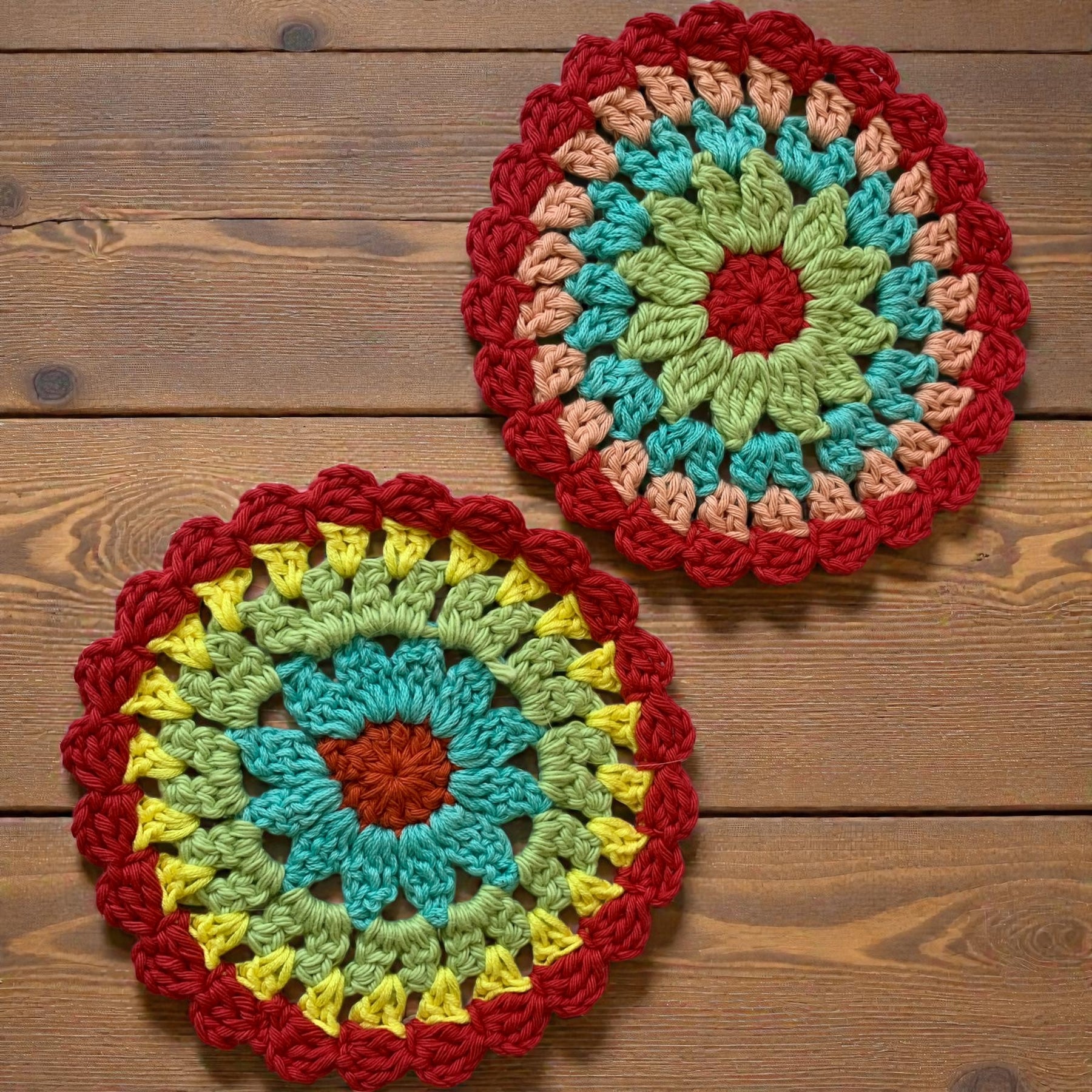 Mandala Crochet Coasters – Bright Boho Table Decor – Handmade Cotton Drink Coaster Set – Colourful Home Gift Idea - set of 4 or 6