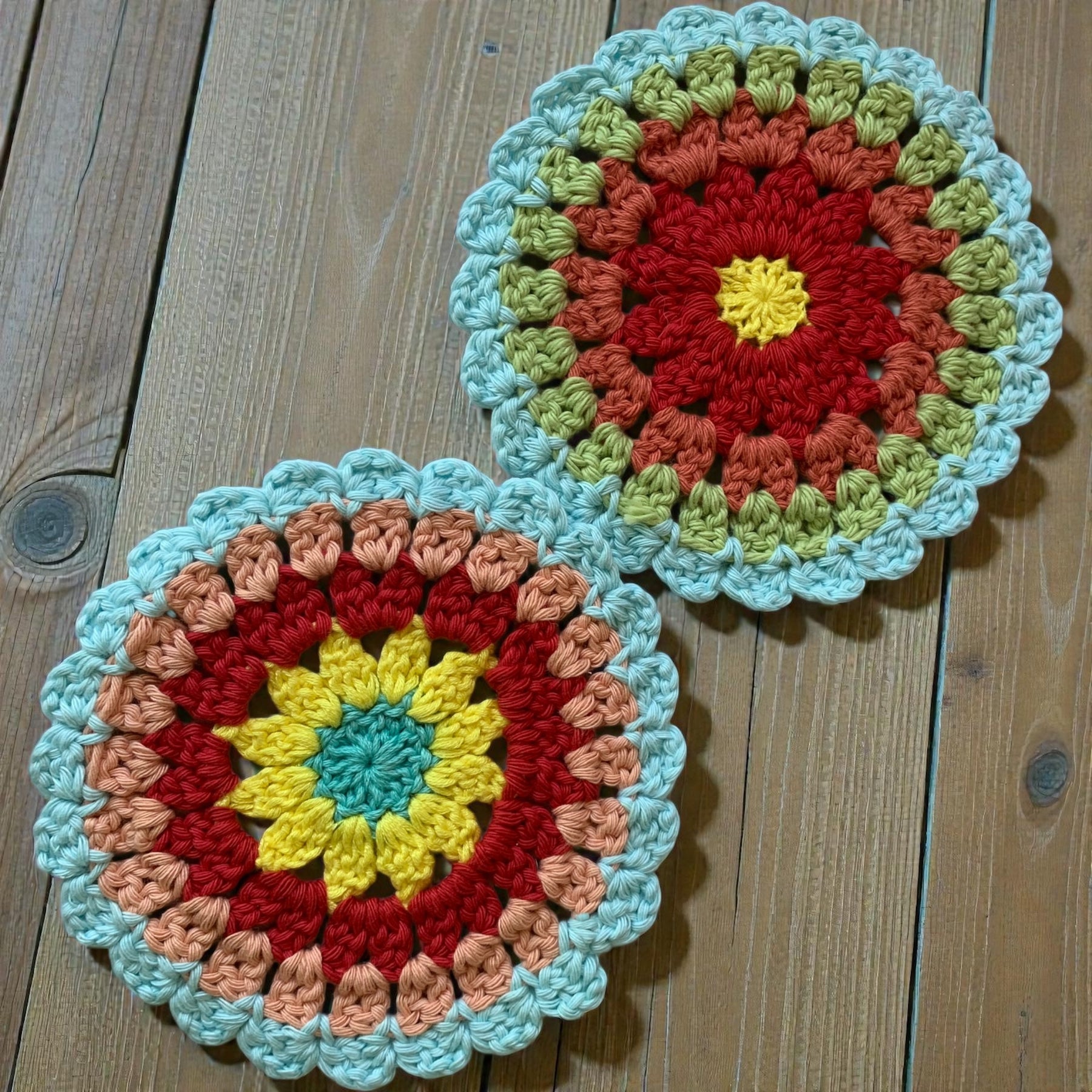 Mandala Crochet Coasters – Bright Boho Table Decor – Handmade Cotton Drink Coaster Set – Colourful Home Gift Idea - set of 4 or 6
