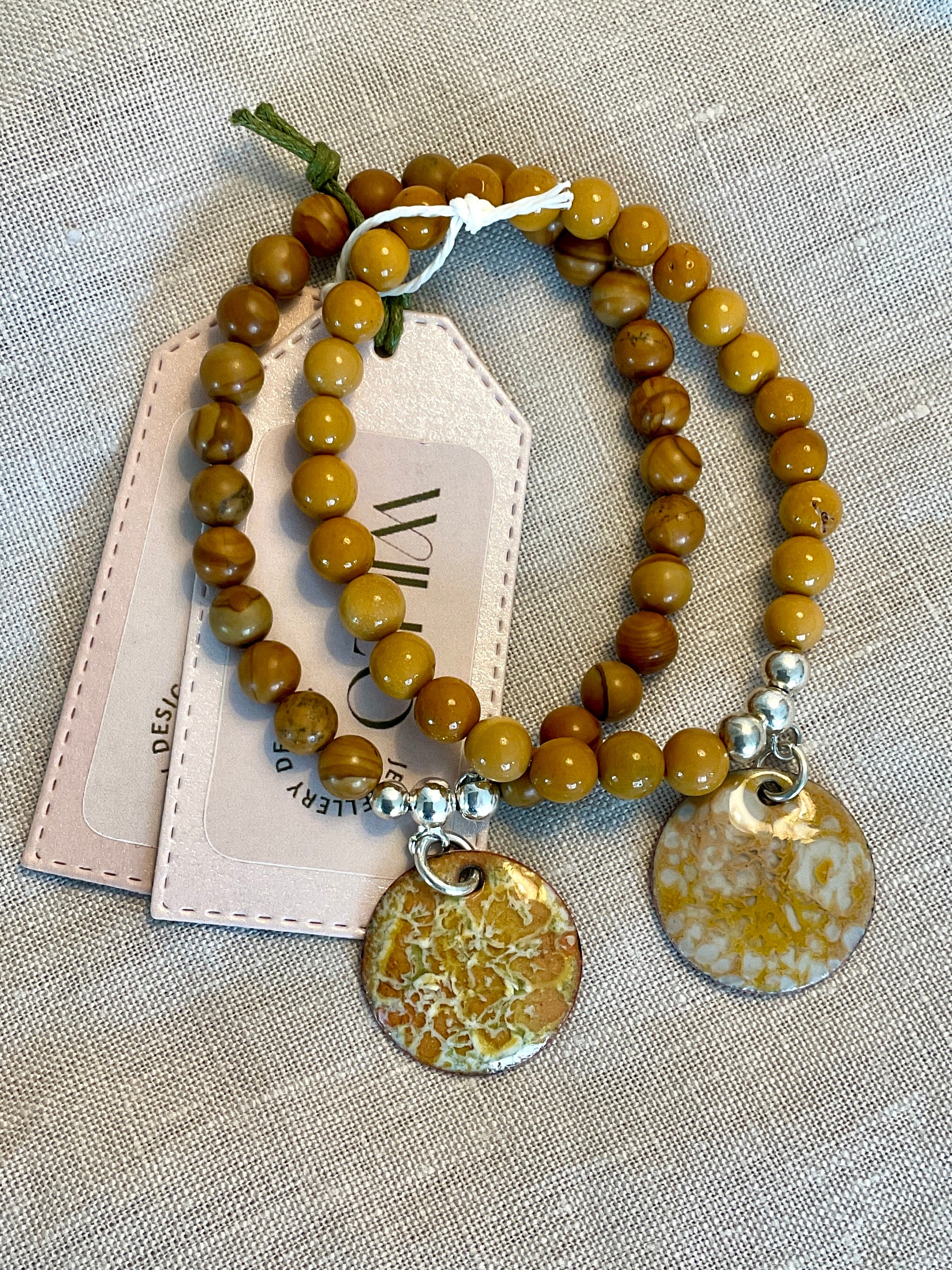 Wood Jasper gemstone bracelet with enamel charm.