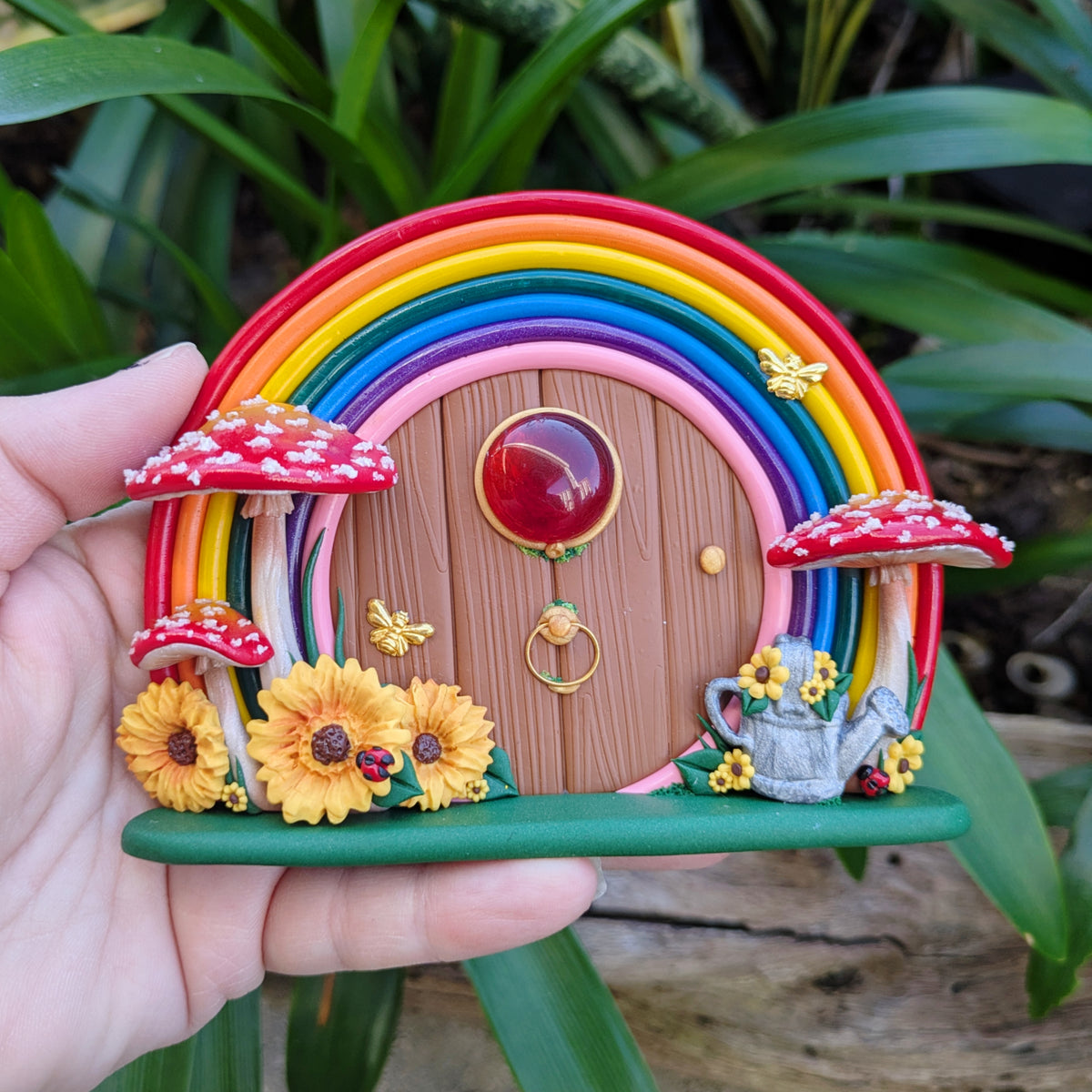 Rainbow Fairy Door with Sunflowers & Watering Can