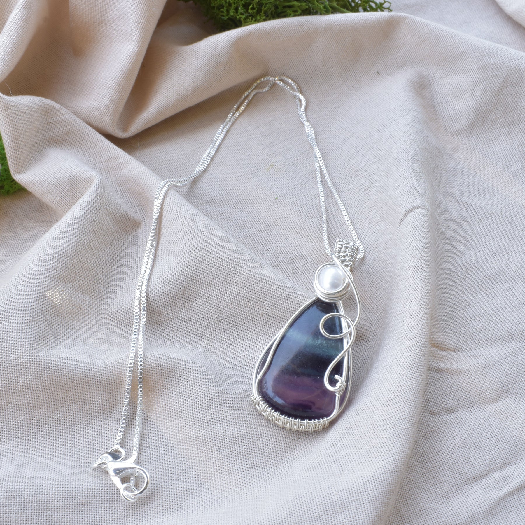 Luminous Balance – Rainbow Fluorite & Pearl Wire Wrapped Pendant