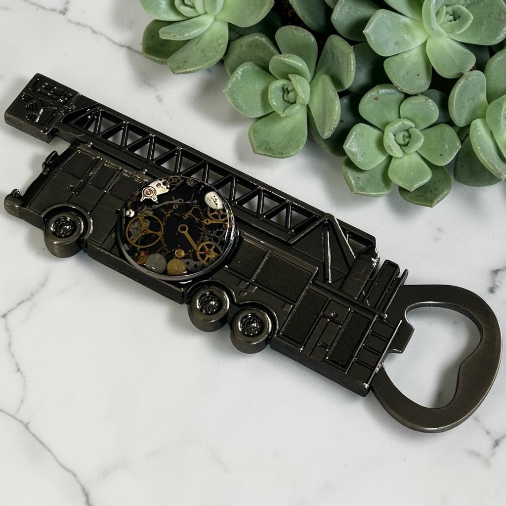 Steampunk watch parts  bottle opener (Fire Engine)