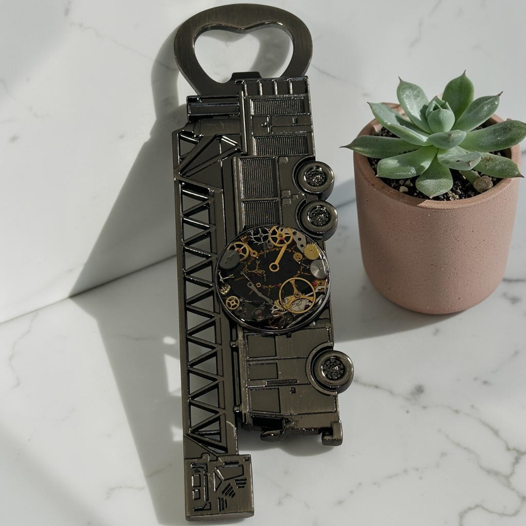 Steampunk watch parts  bottle opener (Fire Engine)