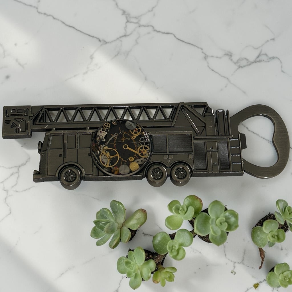 Steampunk watch parts  bottle opener (Fire Engine)