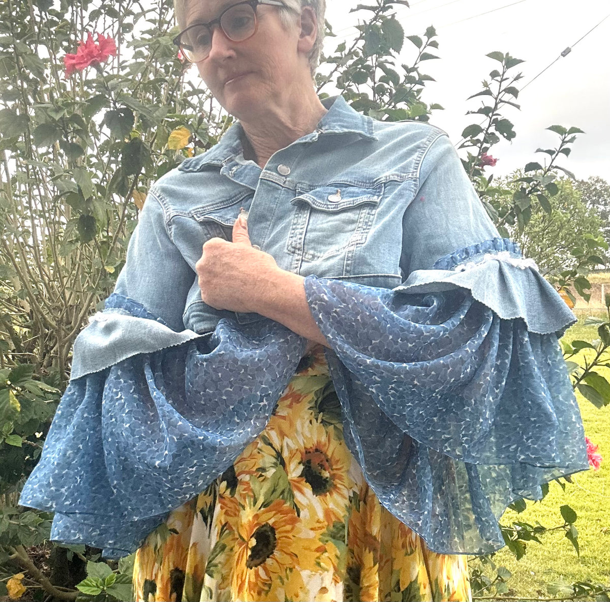 Upcycled Denim Jacket Full Chiffon Sleeves