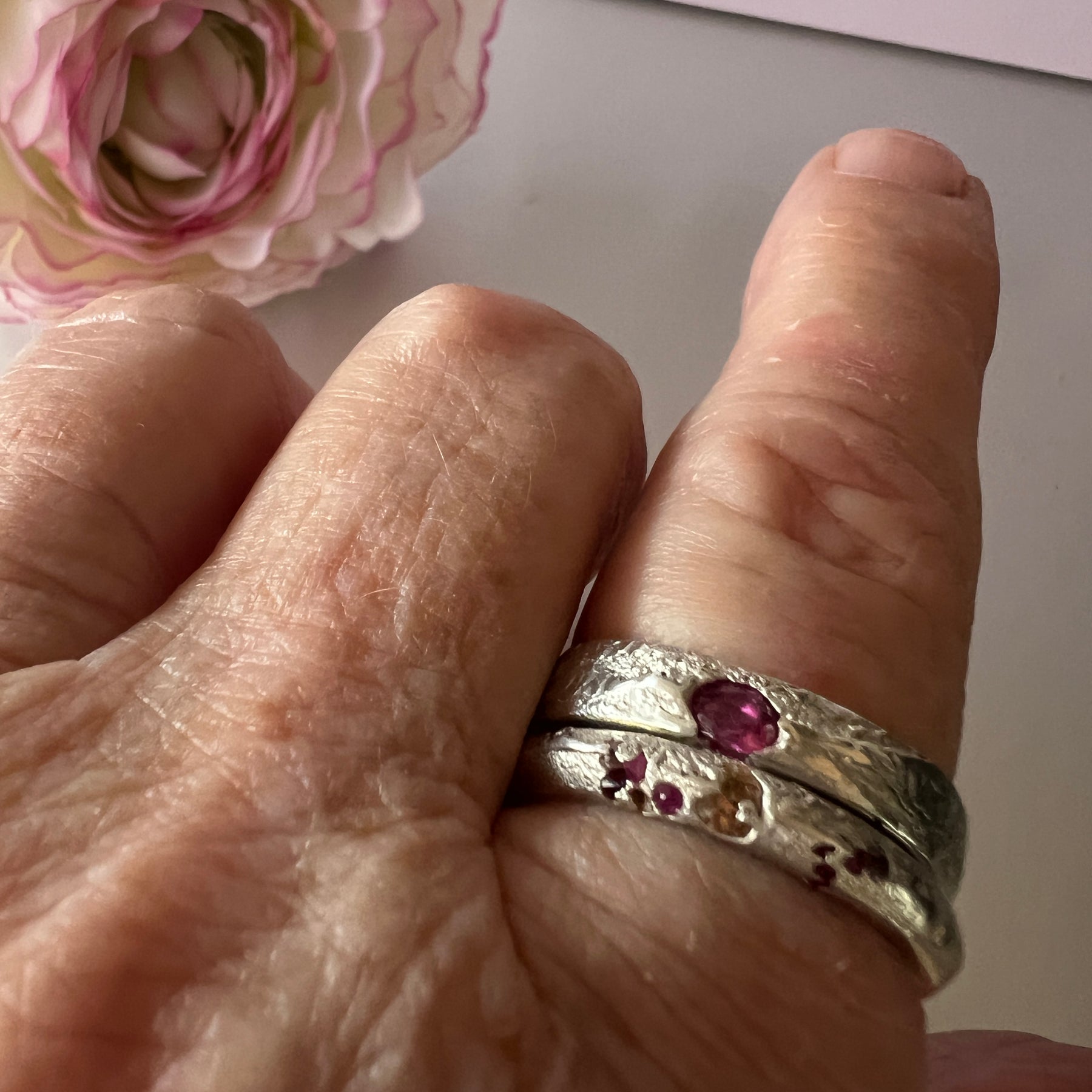 “Outback Sunsets” Sterling Silver Yellow/Pink Sapphires-Ring size “T”