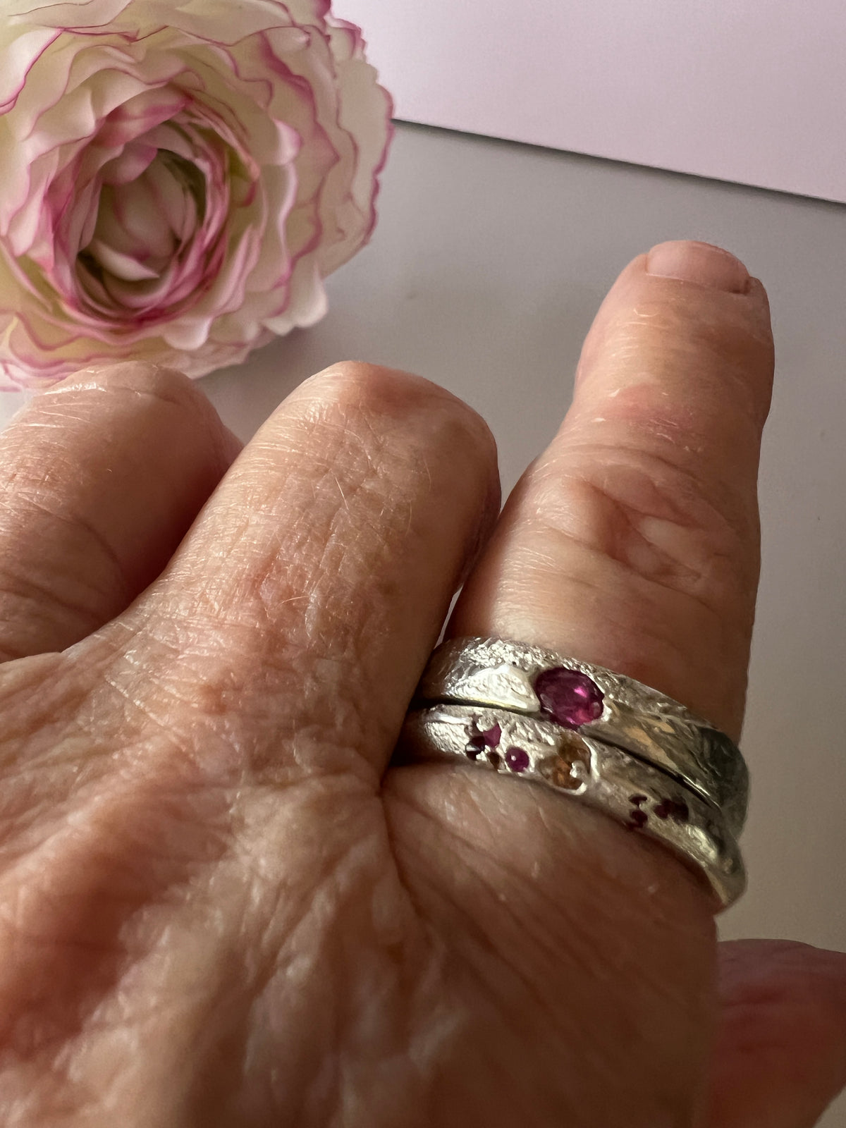“Outback Sunsets” Sterling Silver Yellow/Pink Sapphires-Ring size “T”