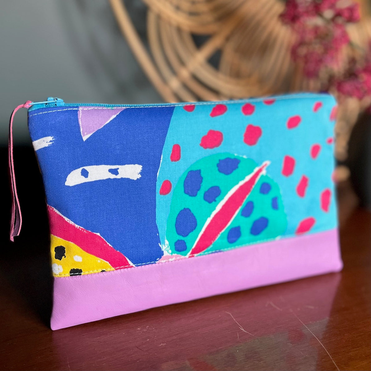 Colourful, repurposed vintage fabric zip POUCH with leather