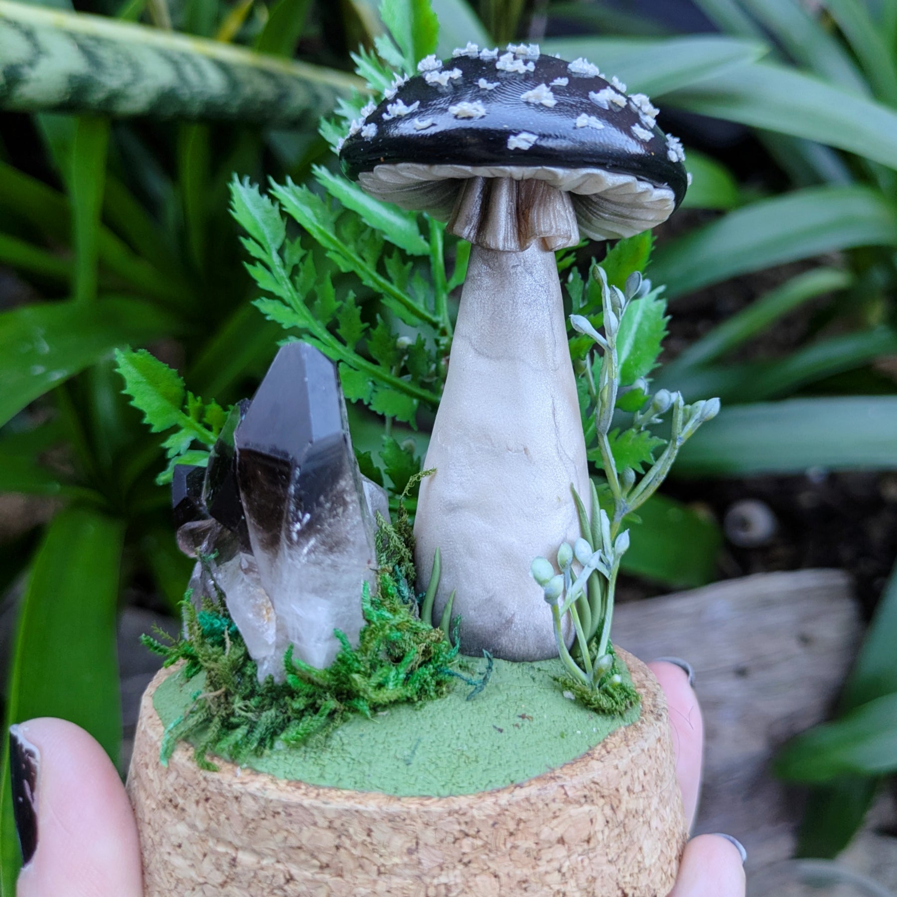Enchanted Black Woodland Mushroom with Smoky Quartz