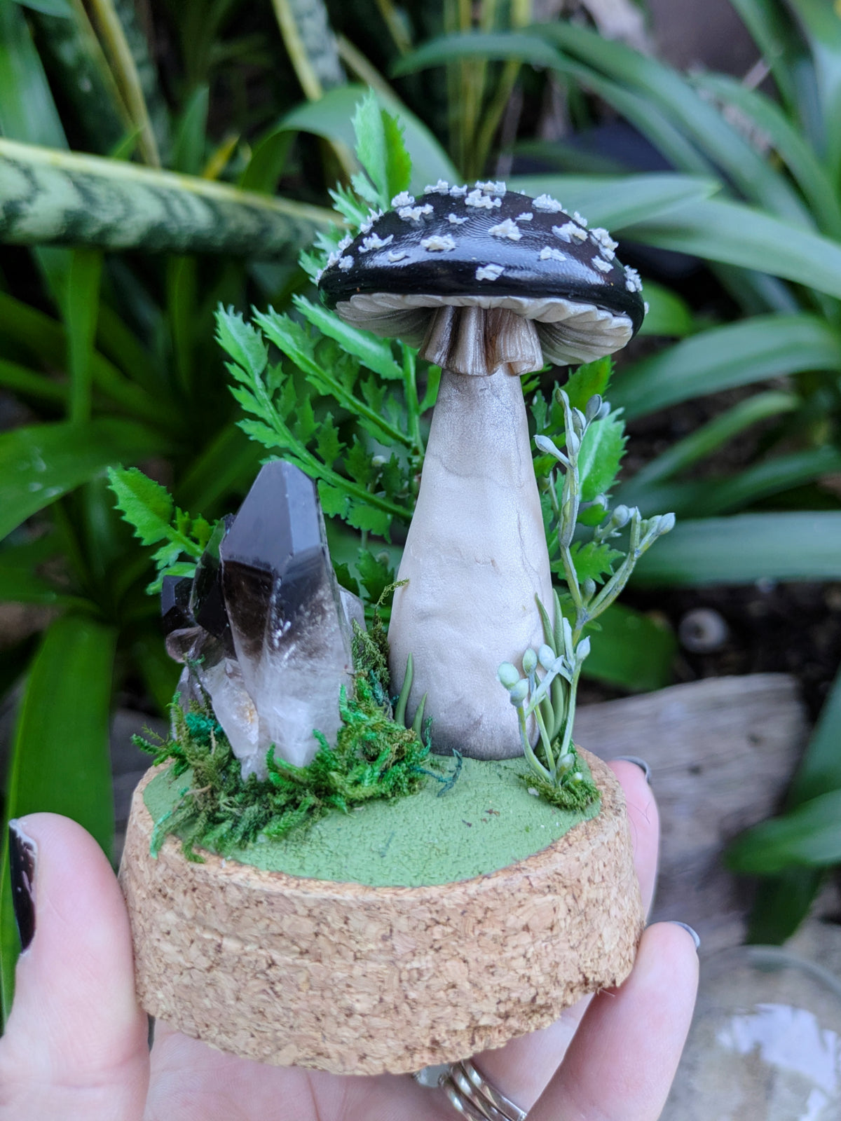 Enchanted Black Woodland Mushroom with Smoky Quartz