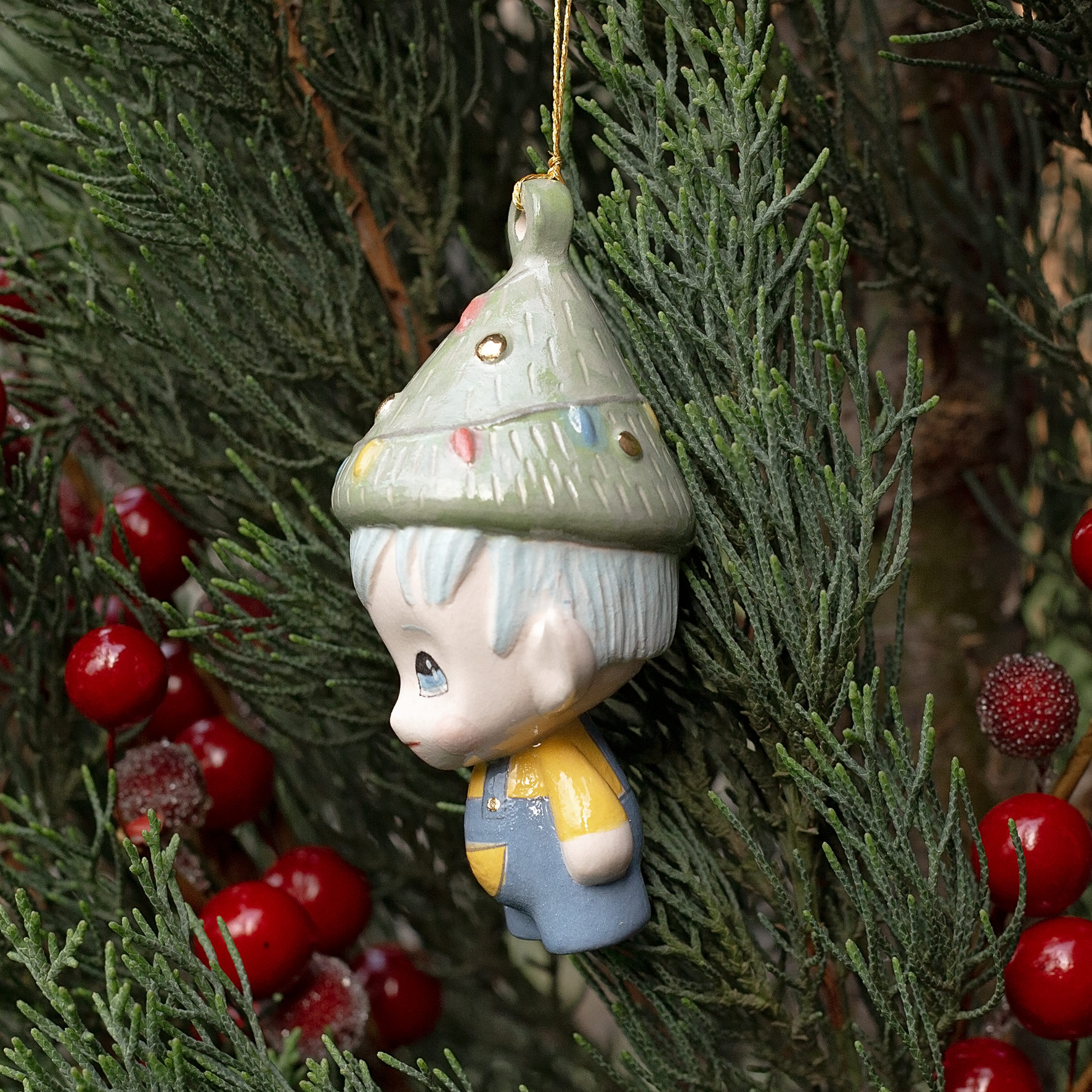 Handmade Porcelain Christmas ornament. One-of-a-kind. Jolli, the Christmas Cheer Elf.