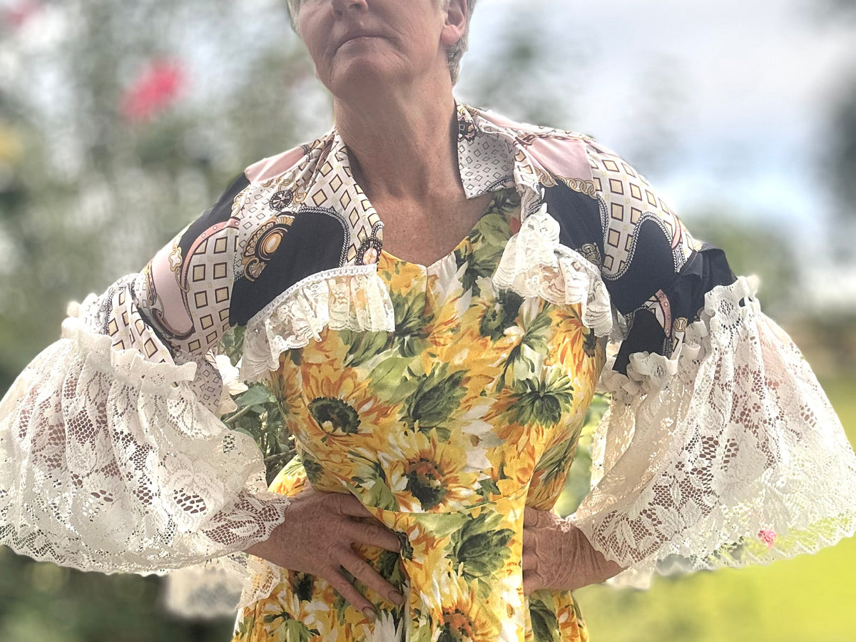 Upcycled Equestrian Patterned Bolero Cream Lace Sleeves