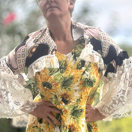 Upcycled Equestrian Patterned Bolero Cream Lace Sleeves