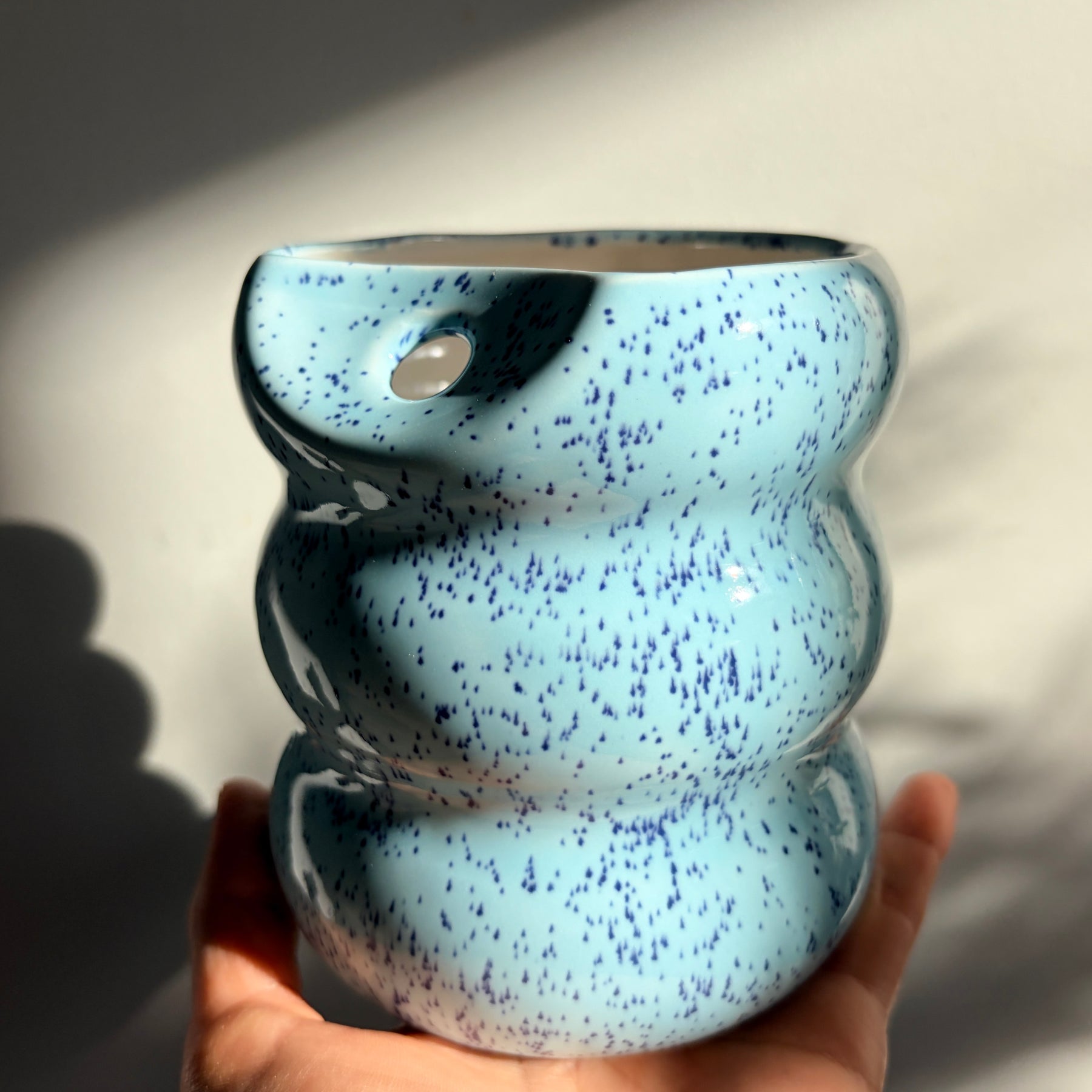 Handcrafted Porcelain Tumbler with Silicon Straw, 600mL Bubble Cup in Blue Mist Glaze