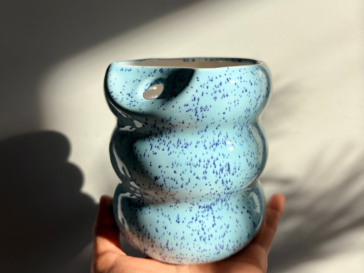 Handcrafted Porcelain Tumbler with Silicon Straw, 600mL Bubble Cup in Blue Mist Glaze