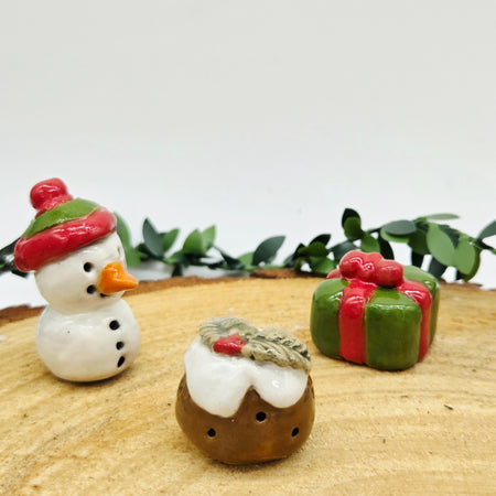 3 x tiny Christmas Ceramics - Snowman, Pudding, Present