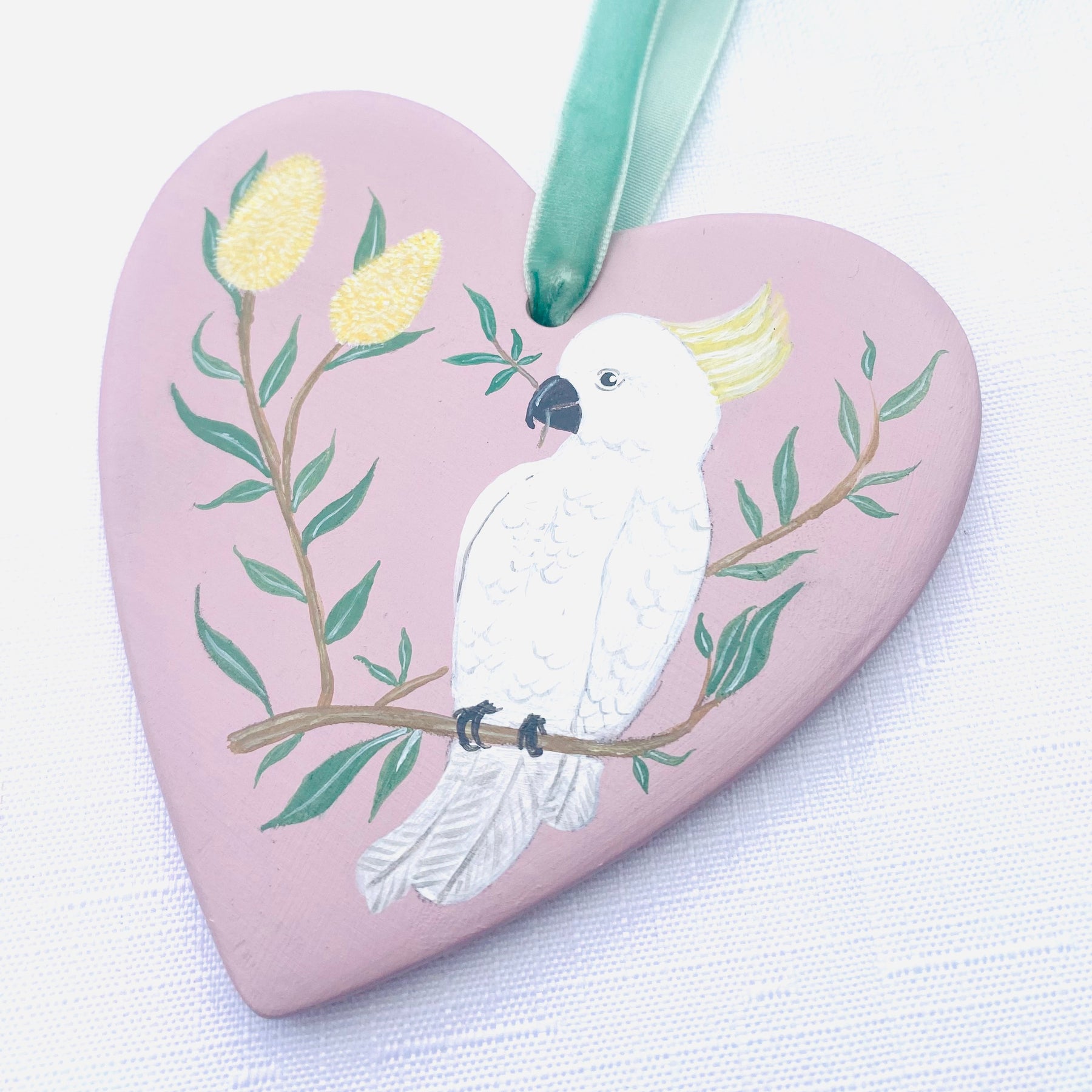 Hand-Painted Ceramic Heart Decoration - Cockatoo Pink