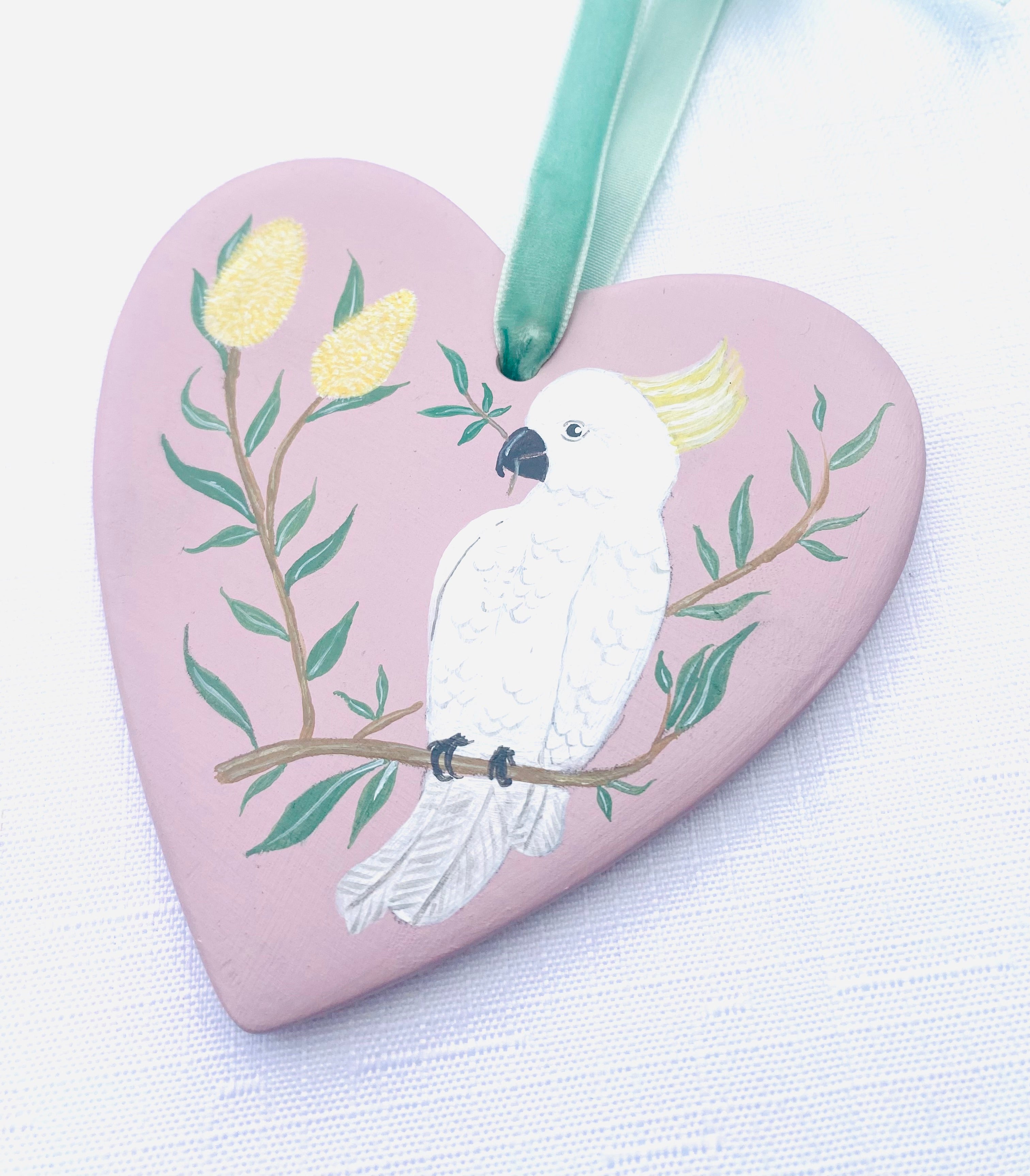 Hand-Painted Ceramic Heart Decoration - Cockatoo Pink