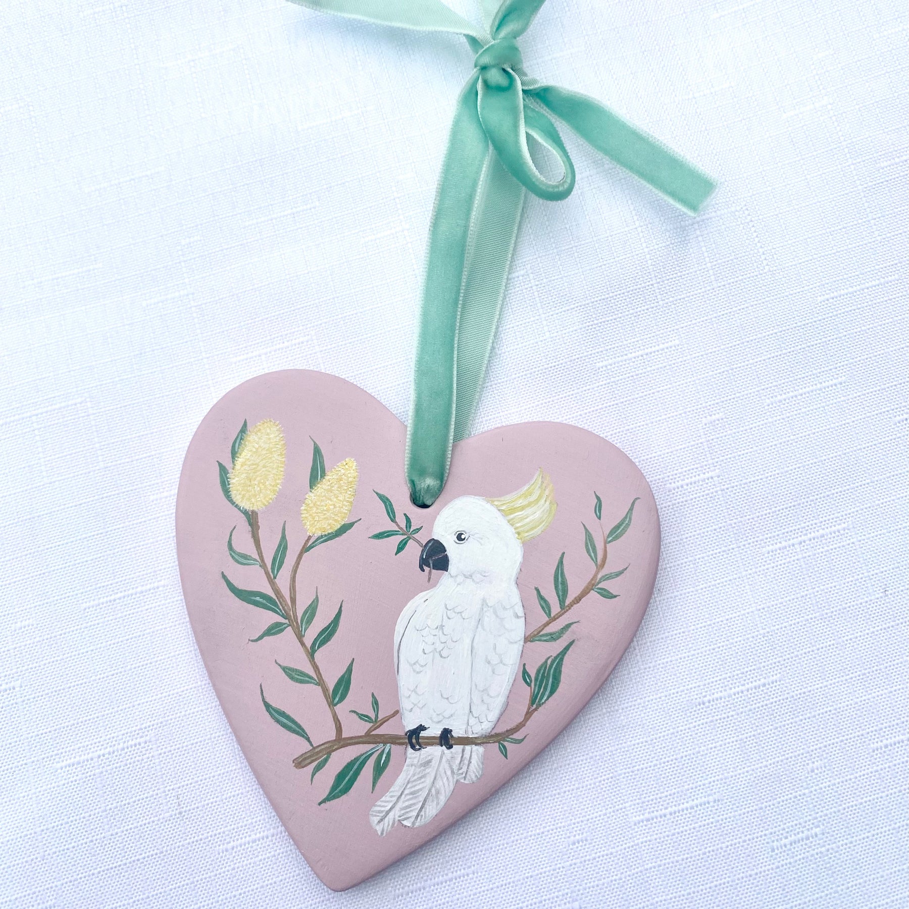 Hand-Painted Ceramic Heart Decoration - Cockatoo Pink
