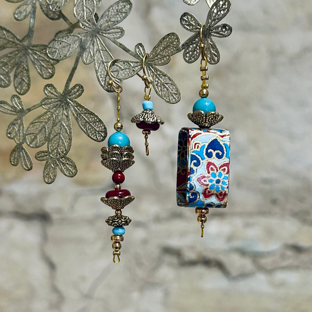 Earrings Long Red Aqua & Gold Asymmetrical - EB-121