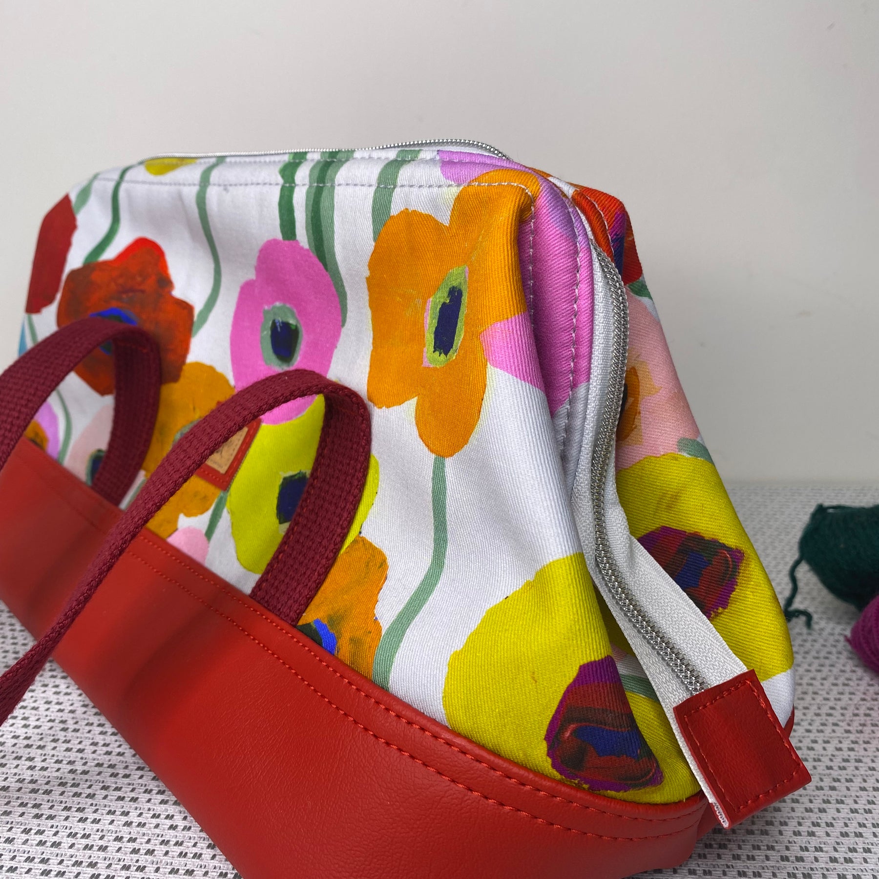 Project Bag - Red, Orange, Pink Floral with a Red Faux Leather Base