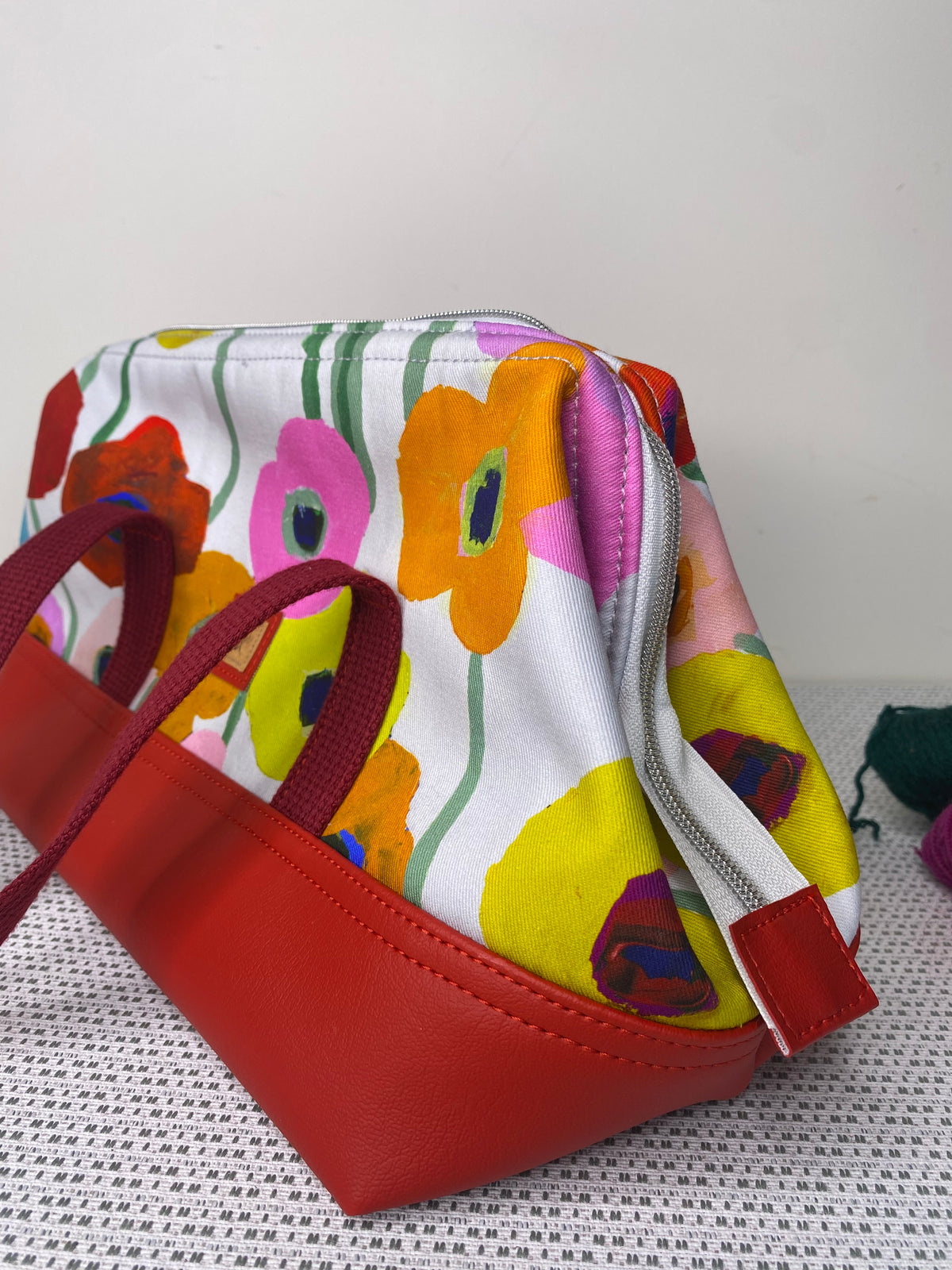 Project Bag - Red, Orange, Pink Floral with a Red Faux Leather Base