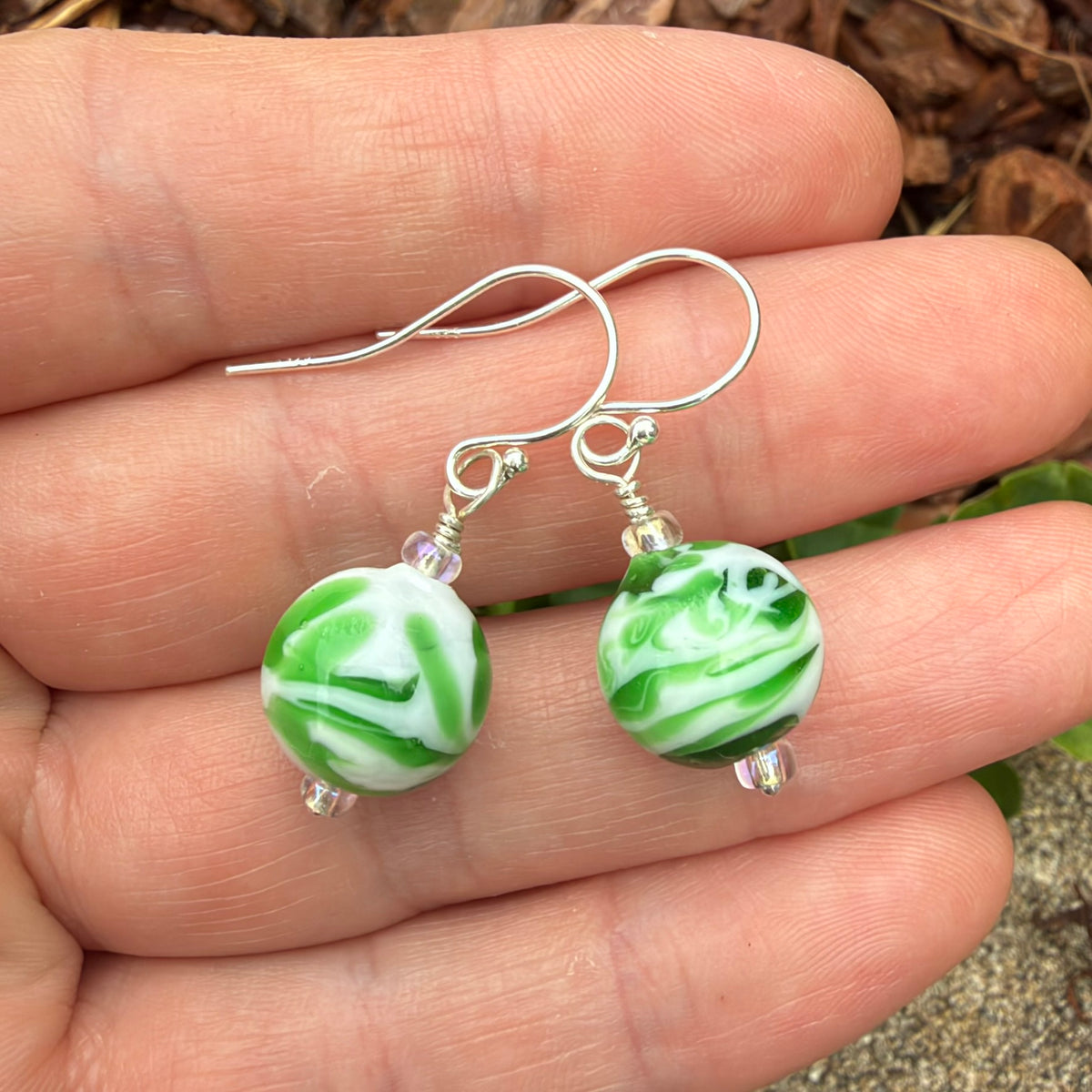 Green and White Lampwork Bead Earrings Sterling Silver