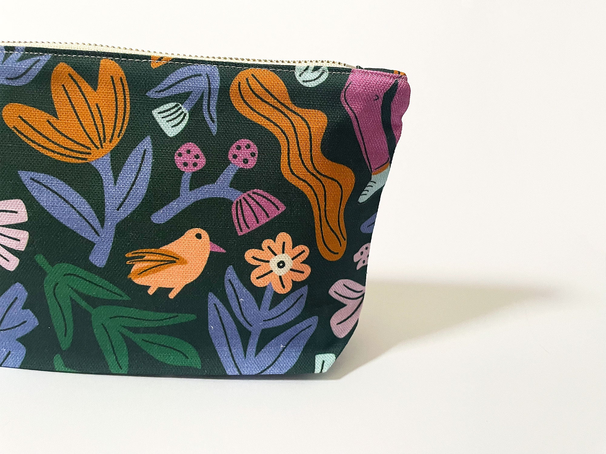 Make-up, Travel, Clutch, Handmade Fabric Zip Purse - Frolic (Dark)