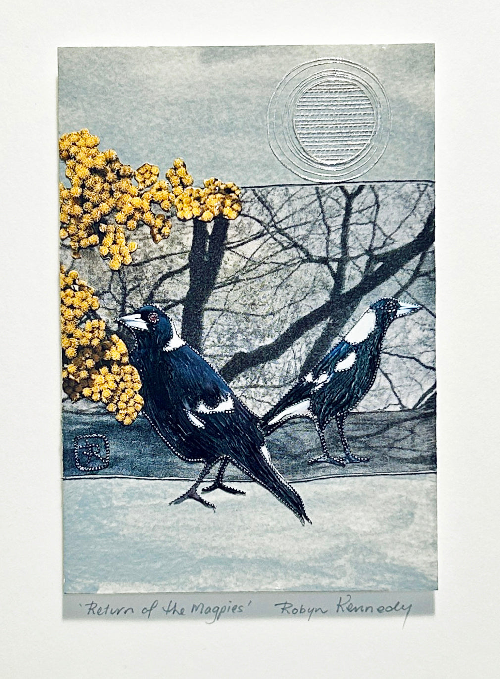 Unframed Collage Art - Magpies & Yellow Flowers