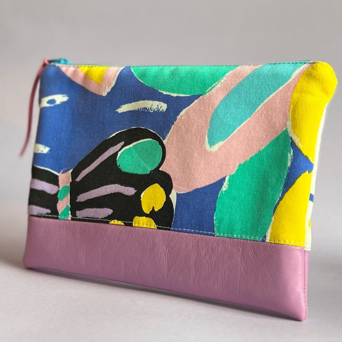 Colourful, repurposed vintage fabric zip POUCH with leather