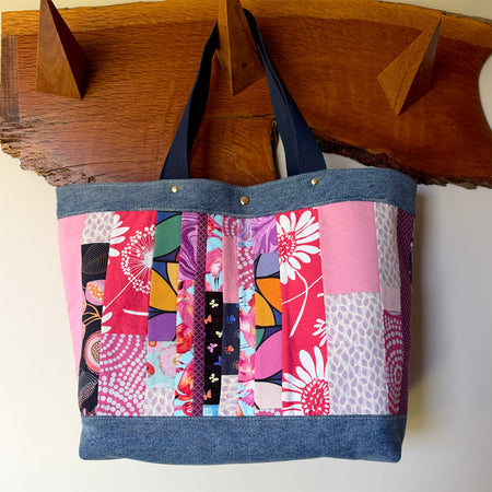 Large Patchwork Tote Bag | Pink, Purple & Upcycled Denim | Handmade