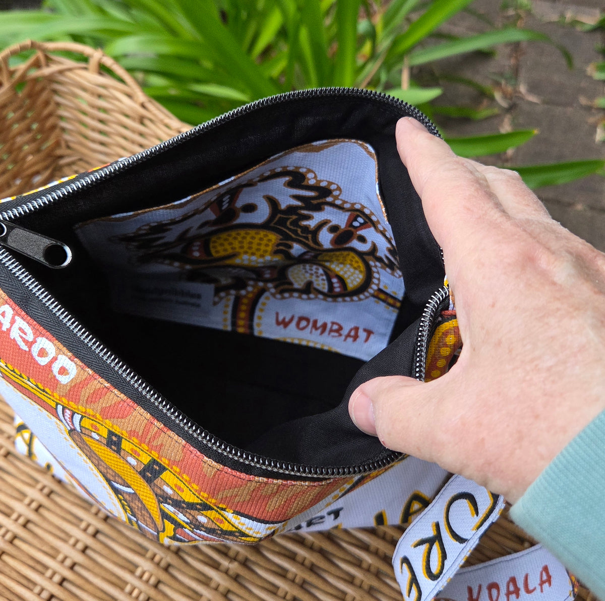 Jumbo pouch made from upcycled Australiana tea towels