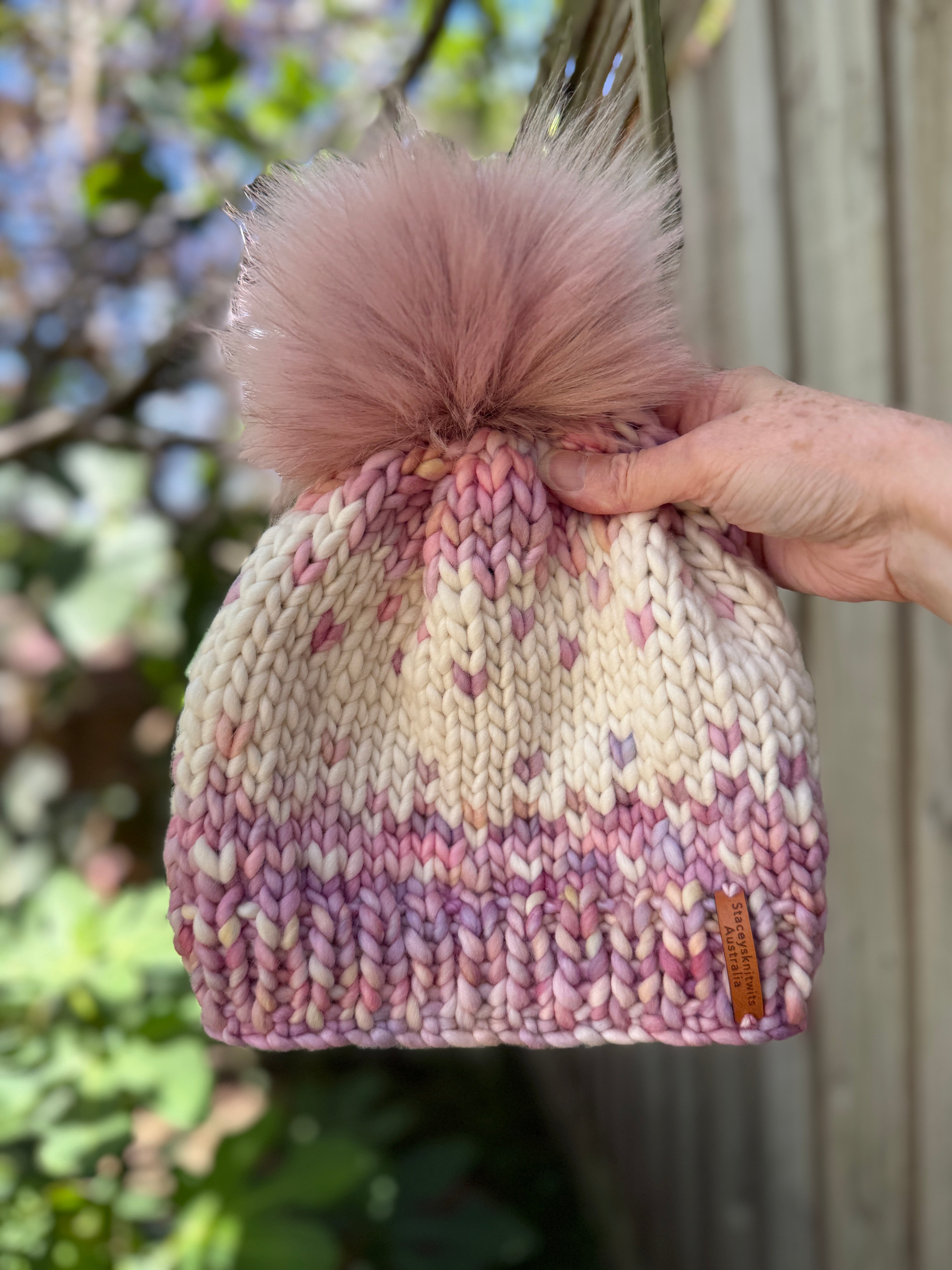 Hand Knitted Merino Beanie, Pink Cream PomPom beanie
