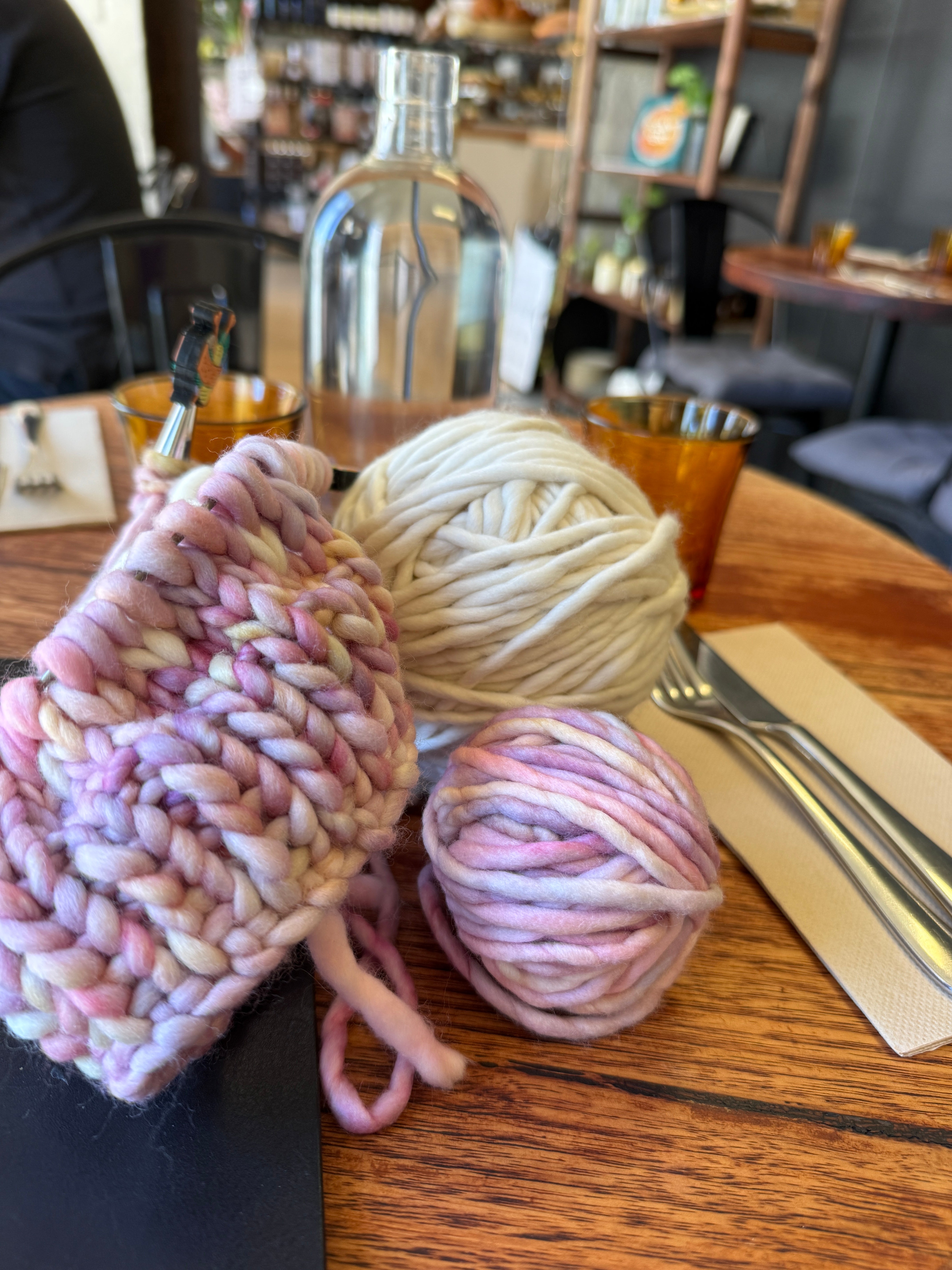 Hand Knitted Merino Beanie, Pink Cream PomPom beanie