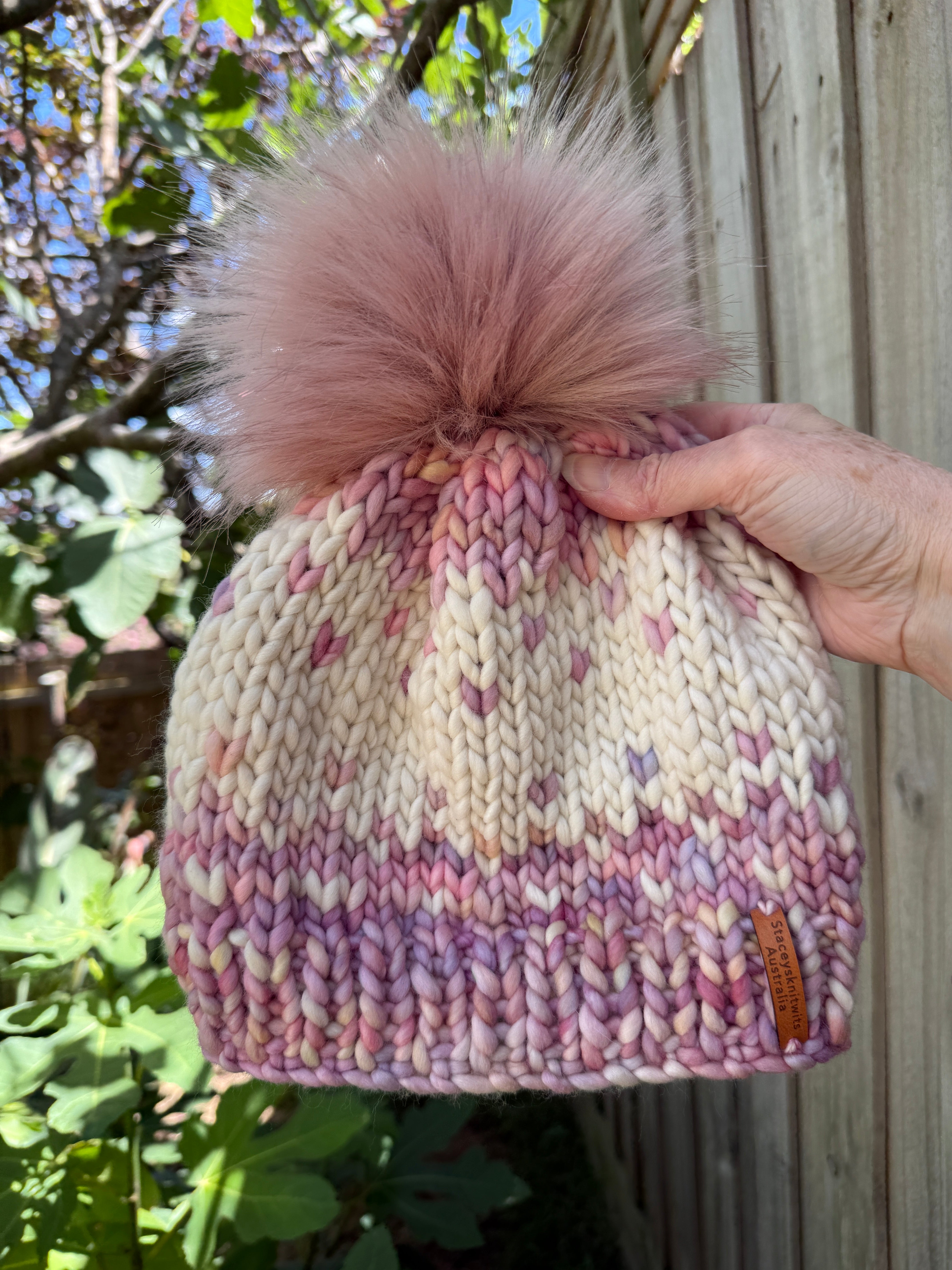 Hand Knitted Merino Beanie, Pink Cream PomPom beanie