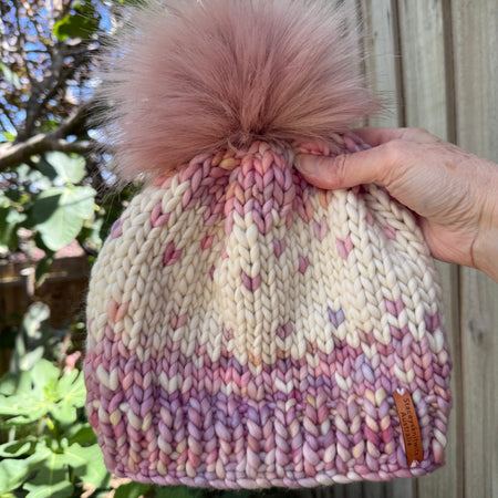 Hand Knitted Merino Beanie, Pink Cream PomPom beanie