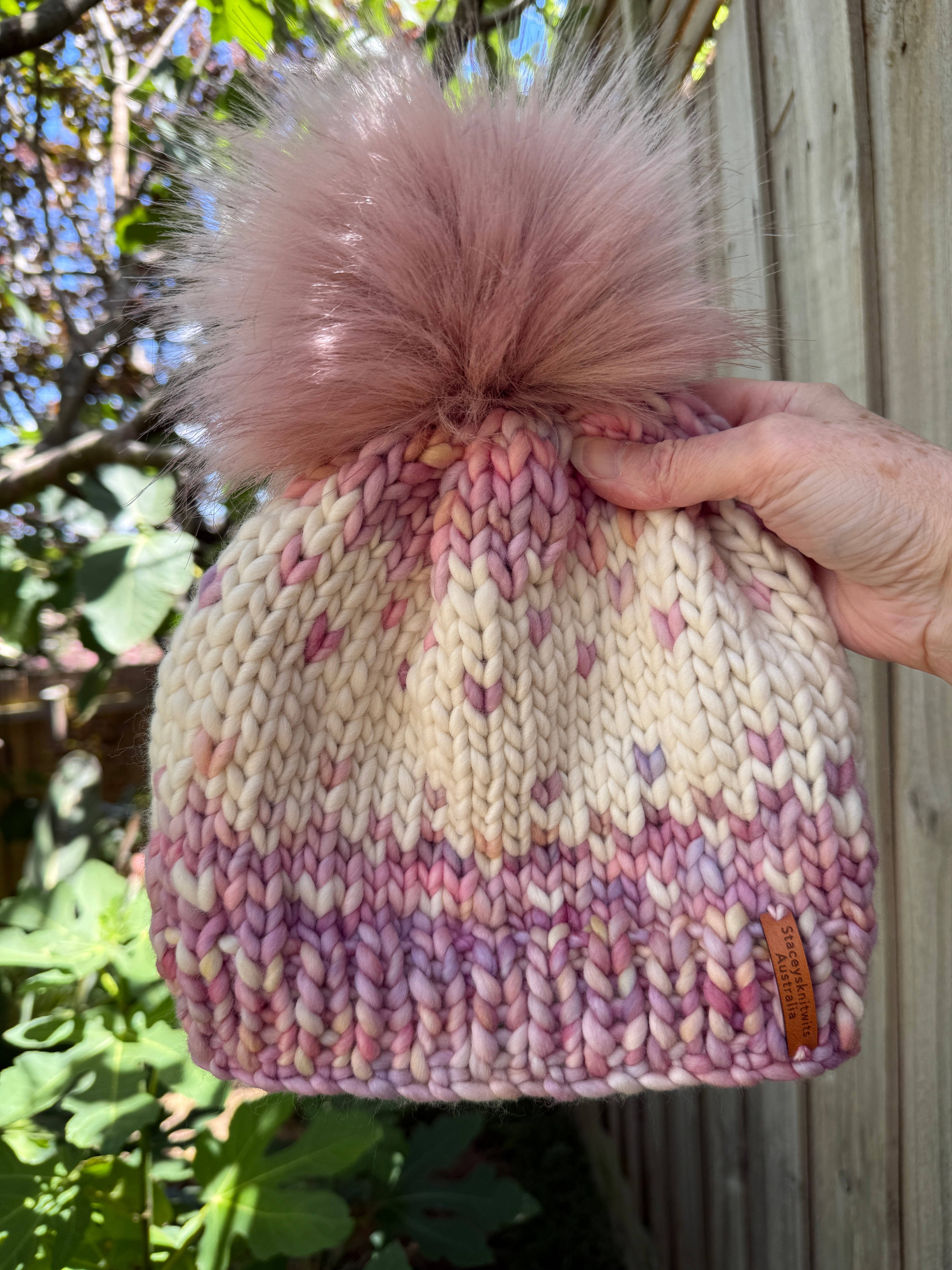 Hand Knitted Merino Beanie, Pink Cream PomPom beanie