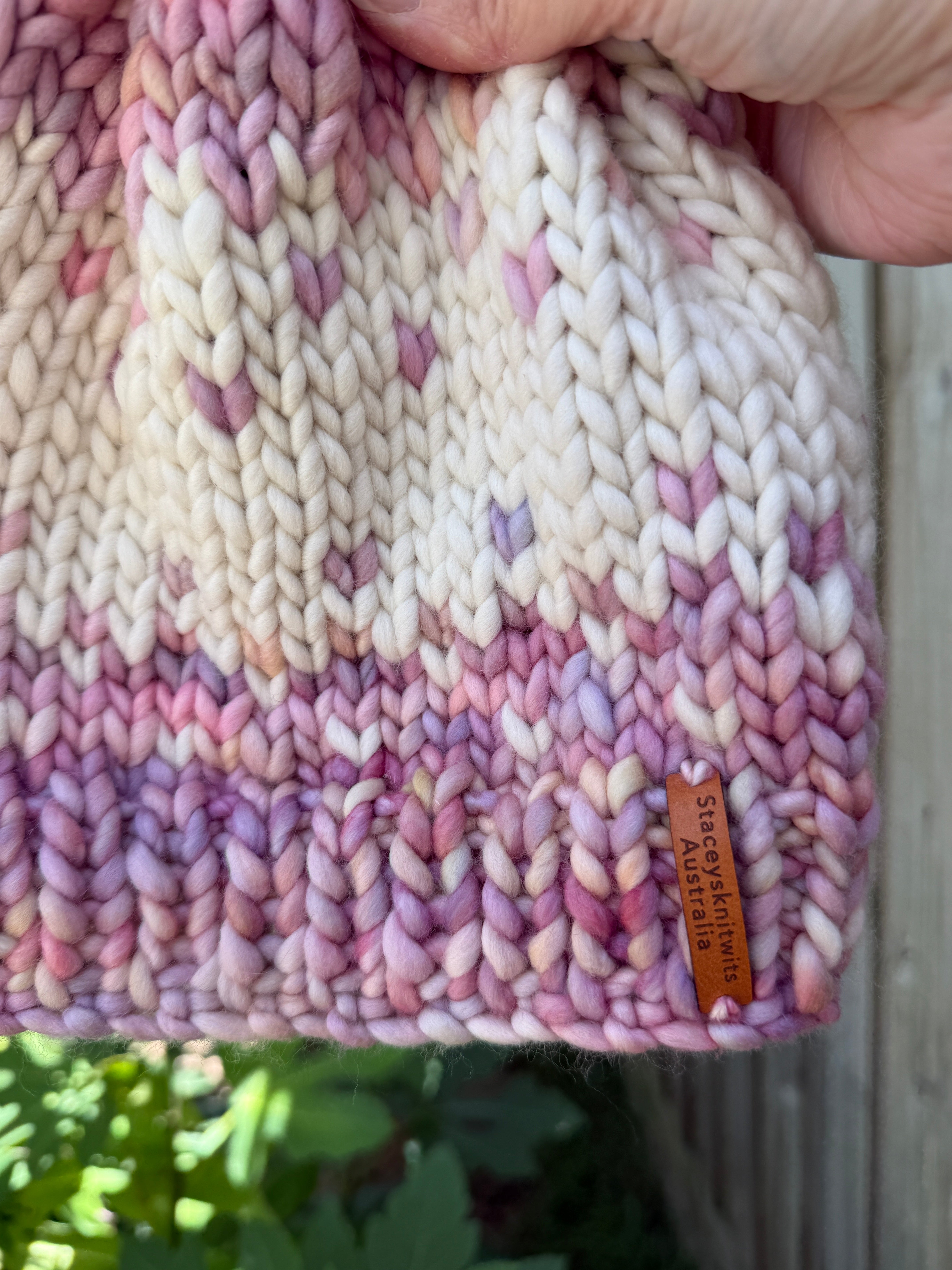 Hand Knitted Merino Beanie, Pink Cream PomPom beanie