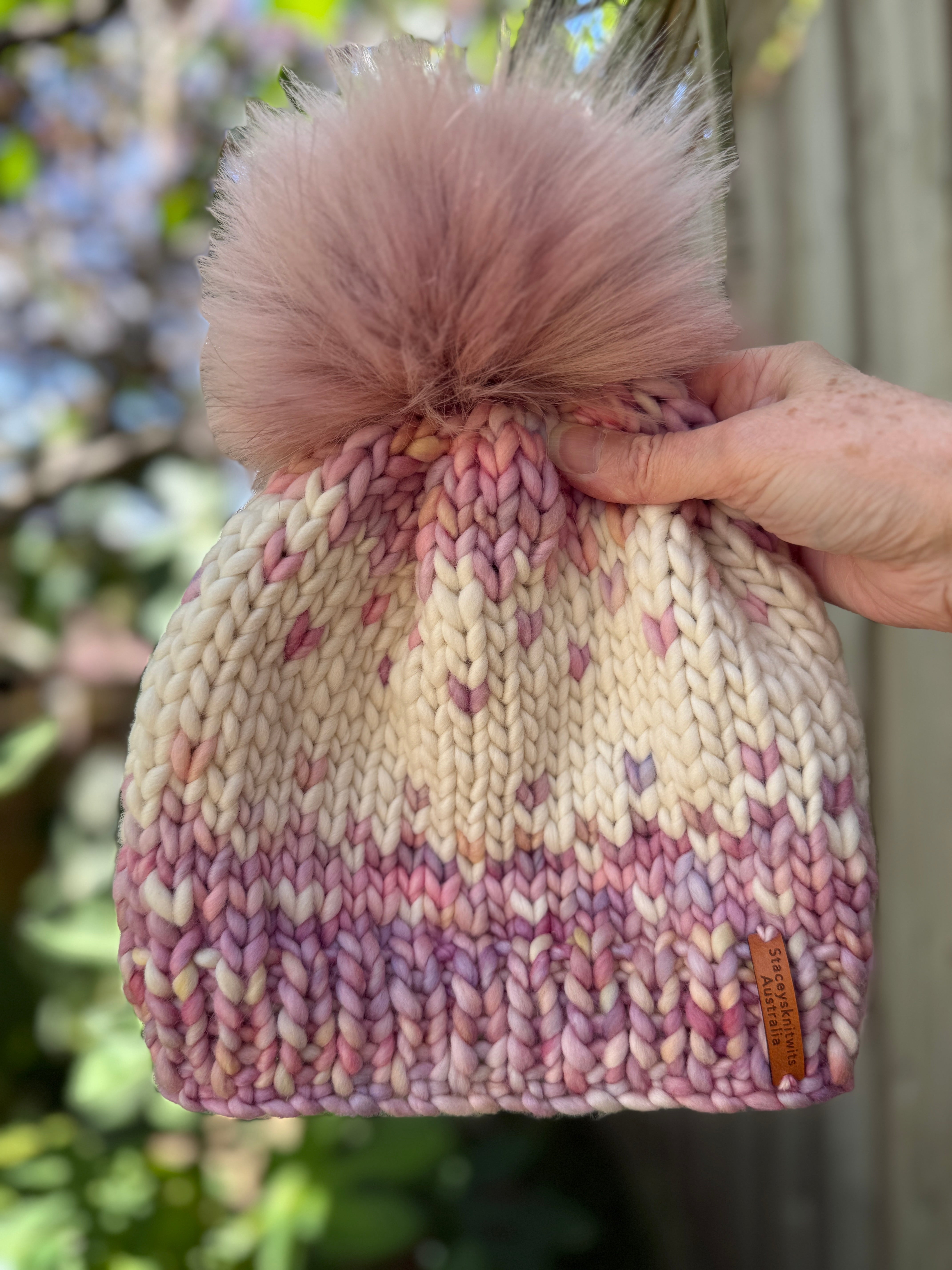 Hand Knitted Merino Beanie, Pink Cream PomPom beanie