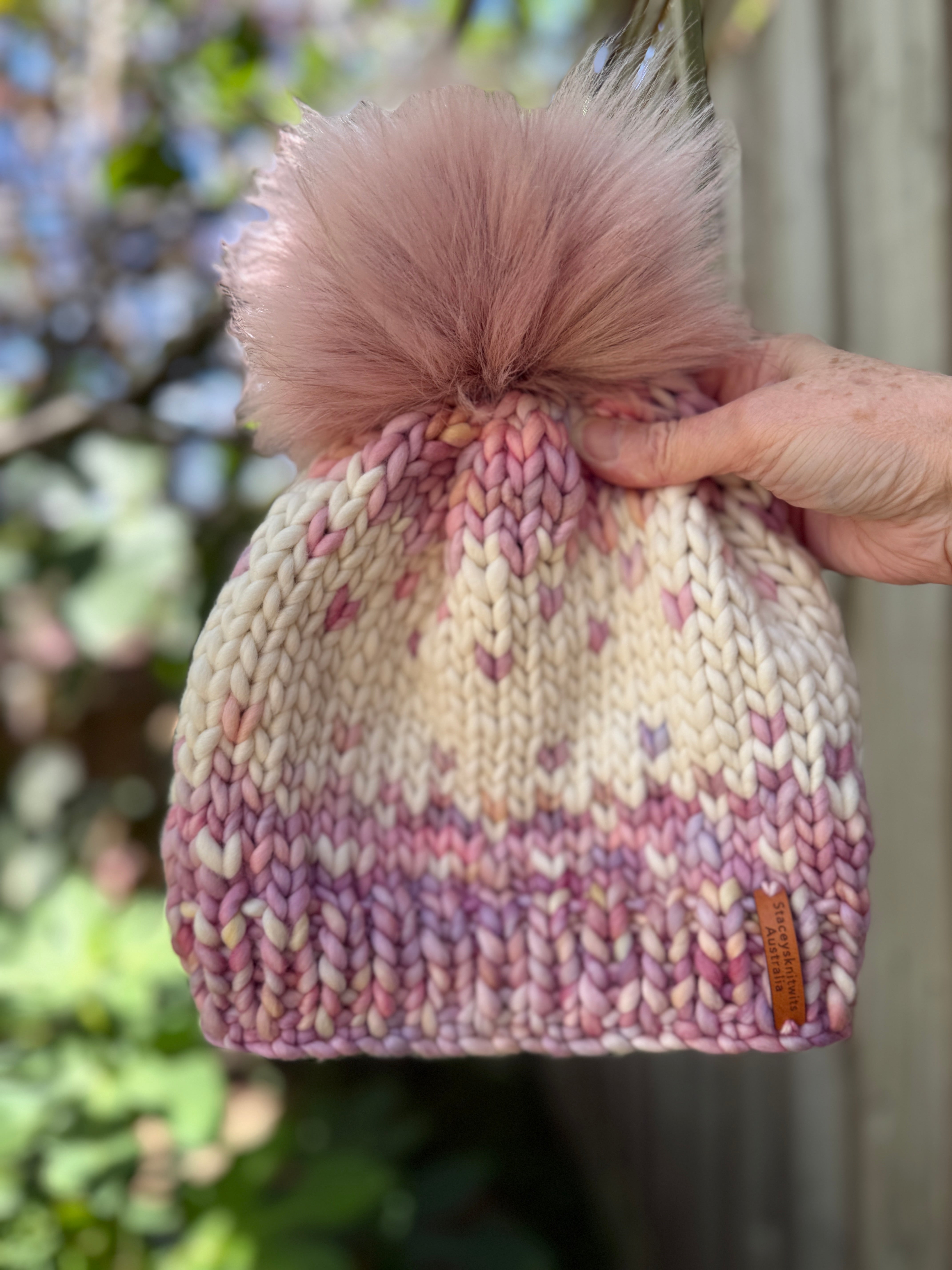 Hand Knitted Merino Beanie, Pink Cream PomPom beanie