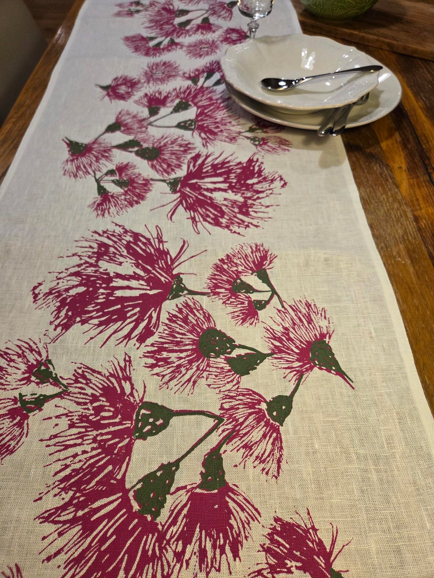 Hand Screen Printed Linen Table Runners-Eucalypt Festive Blossoms