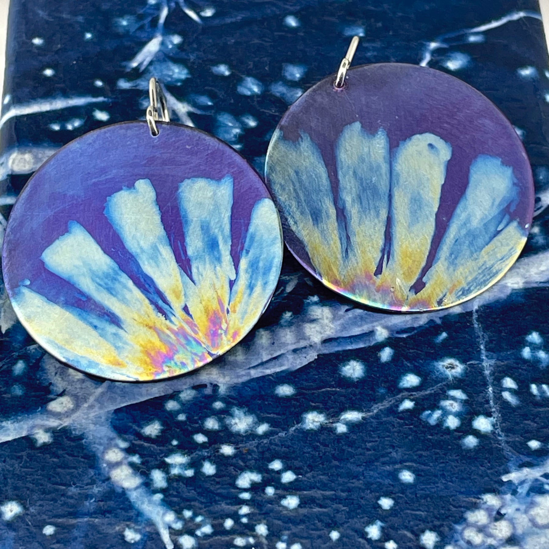 Titanium Disc Earrings Daisy Design - Purple and Ice Blue