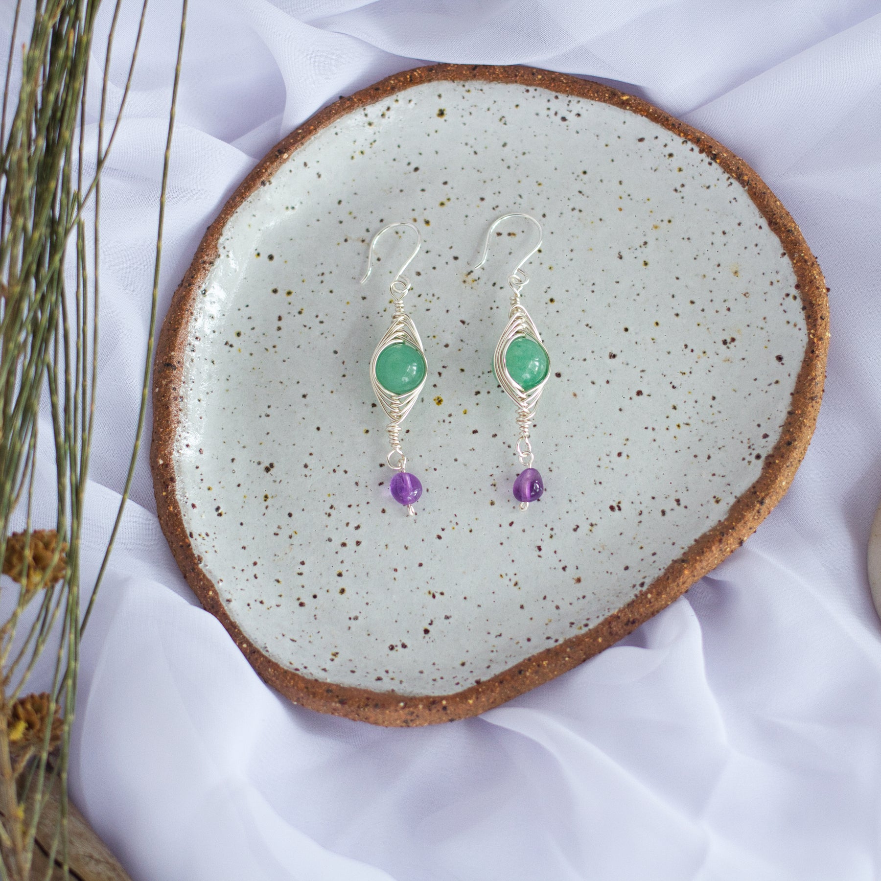 Green Aventurine and Amethyst Earrings | Gemstone Wire Wrap Jewellery