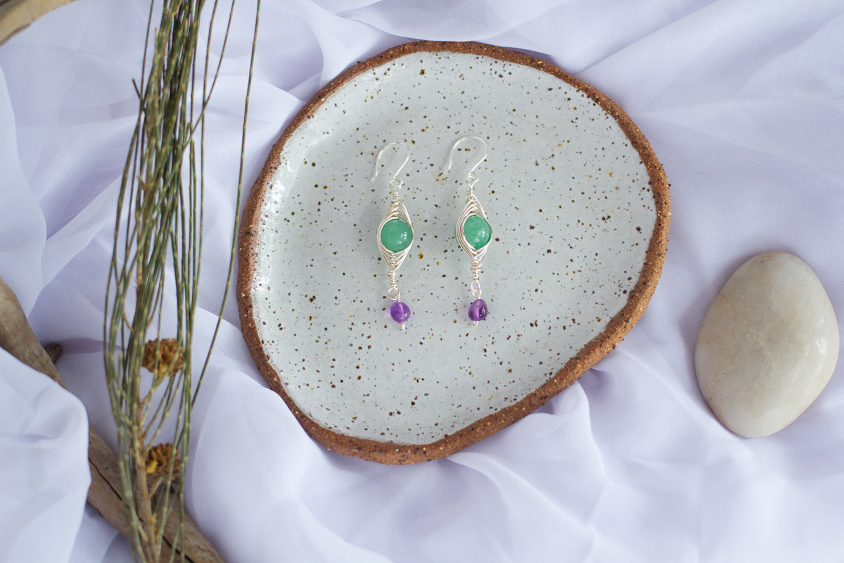Green Aventurine and Amethyst Earrings | Gemstone Wire Wrap Jewellery